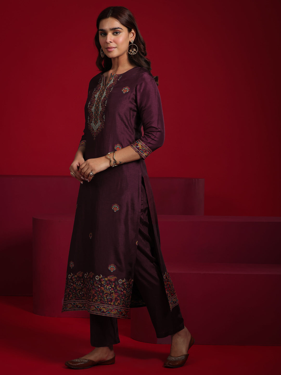  Libas Art Maroon Woven Design Silk Blend Straight Suit With Dupatta 
