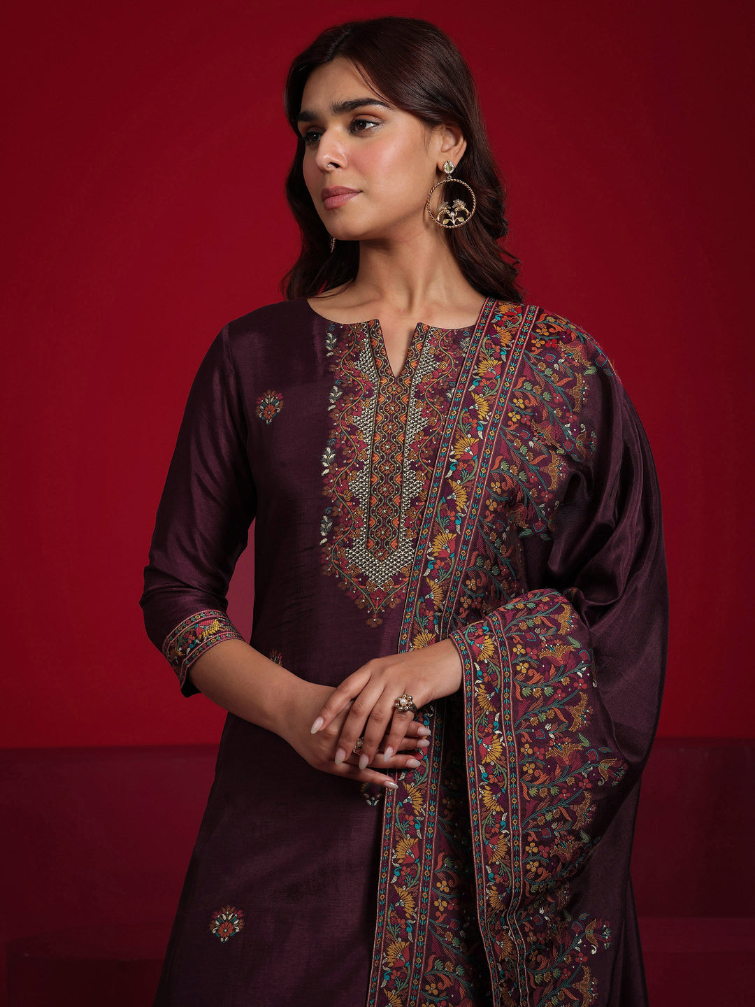  Libas Art Maroon Woven Design Silk Blend Straight Suit With Dupatta 