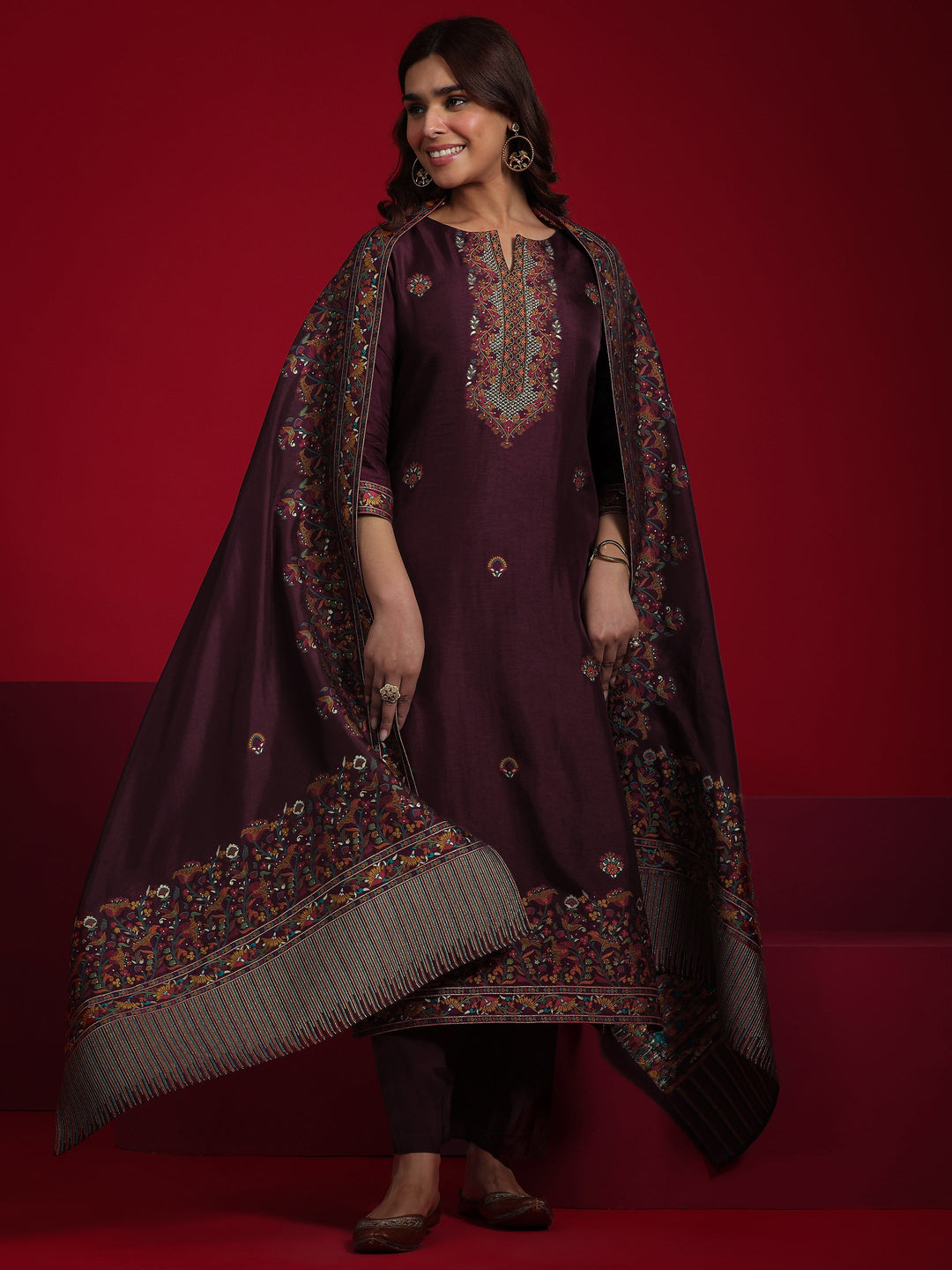 Libas Art Maroon Woven Design Silk Blend Straight Suit With Dupatta