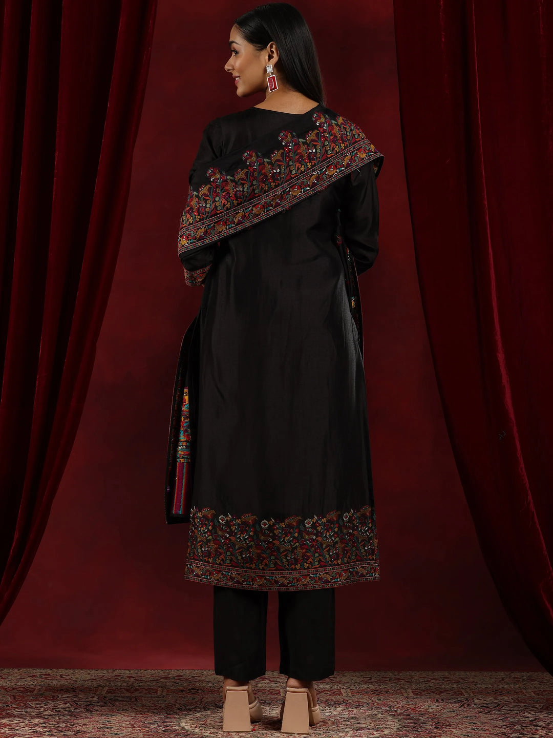  Libas Art Black Woven Design Silk Blend Straight Suit With Dupatta 