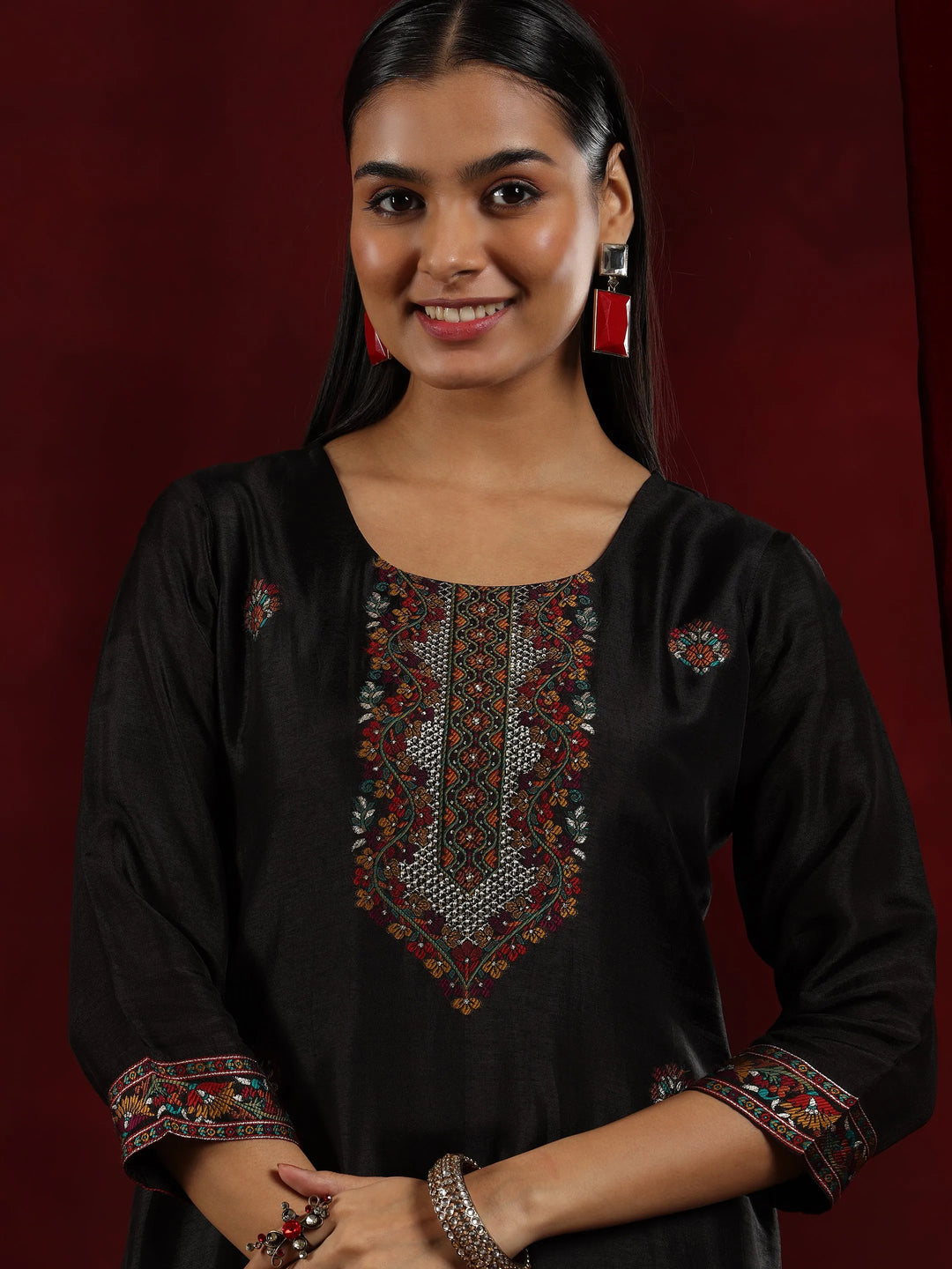  Libas Art Black Woven Design Silk Blend Straight Suit With Dupatta 