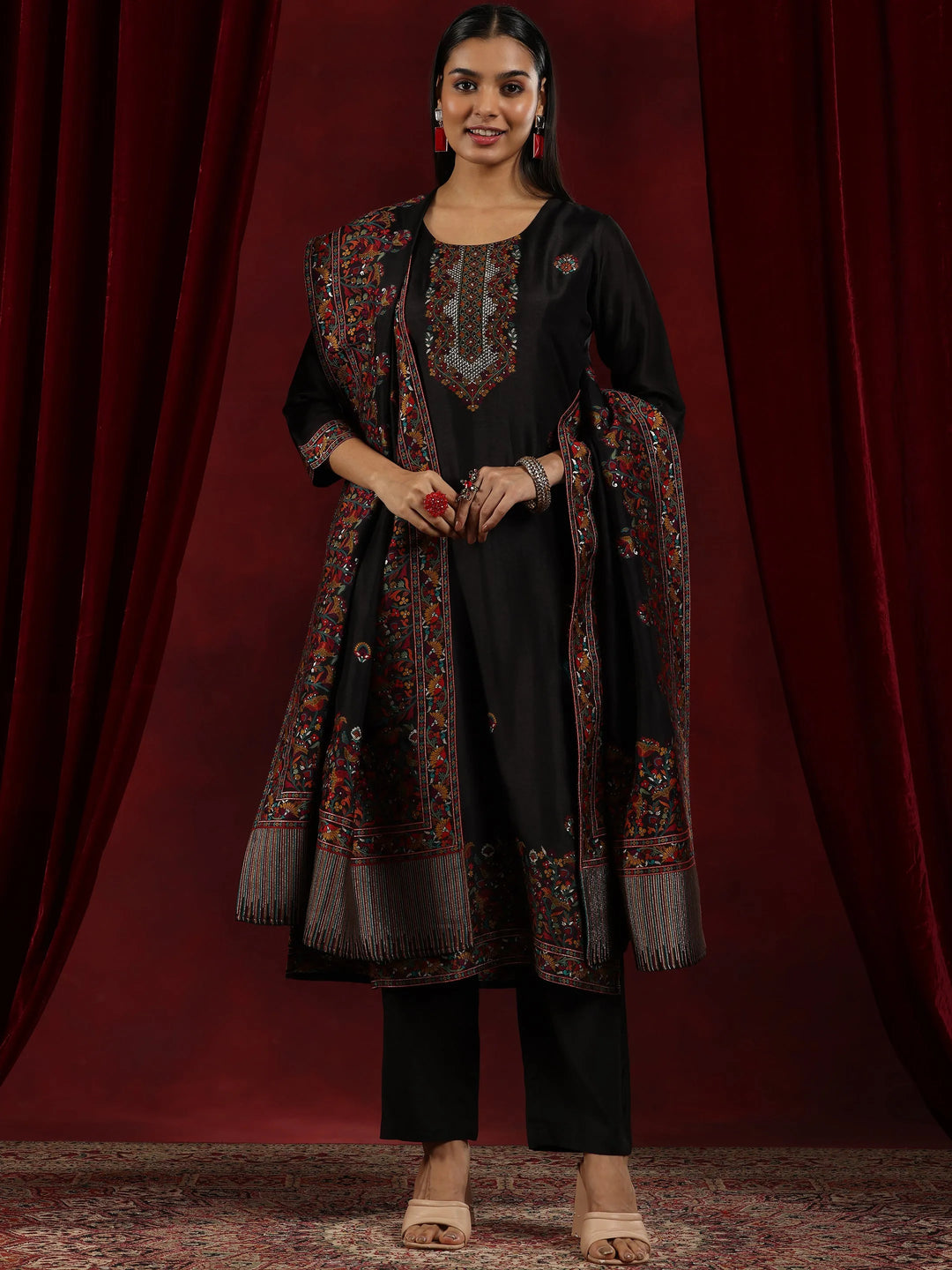  Libas Art Black Woven Design Silk Blend Straight Suit With Dupatta 