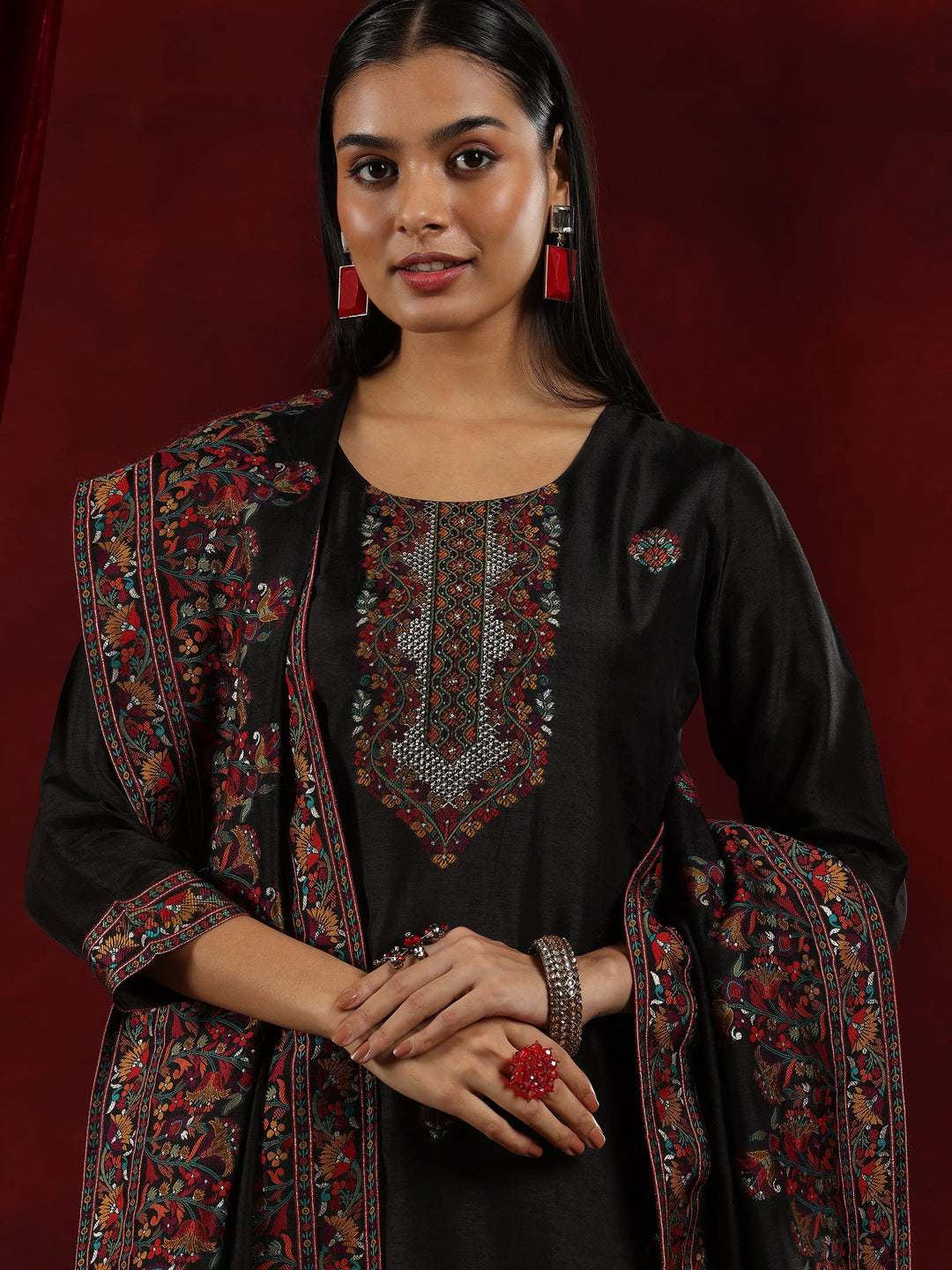  Libas Art Black Woven Design Silk Blend Straight Suit With Dupatta 