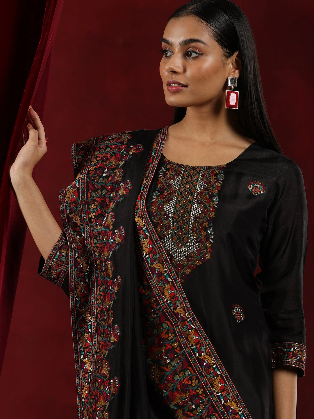  Libas Art Black Woven Design Silk Blend Straight Suit With Dupatta 