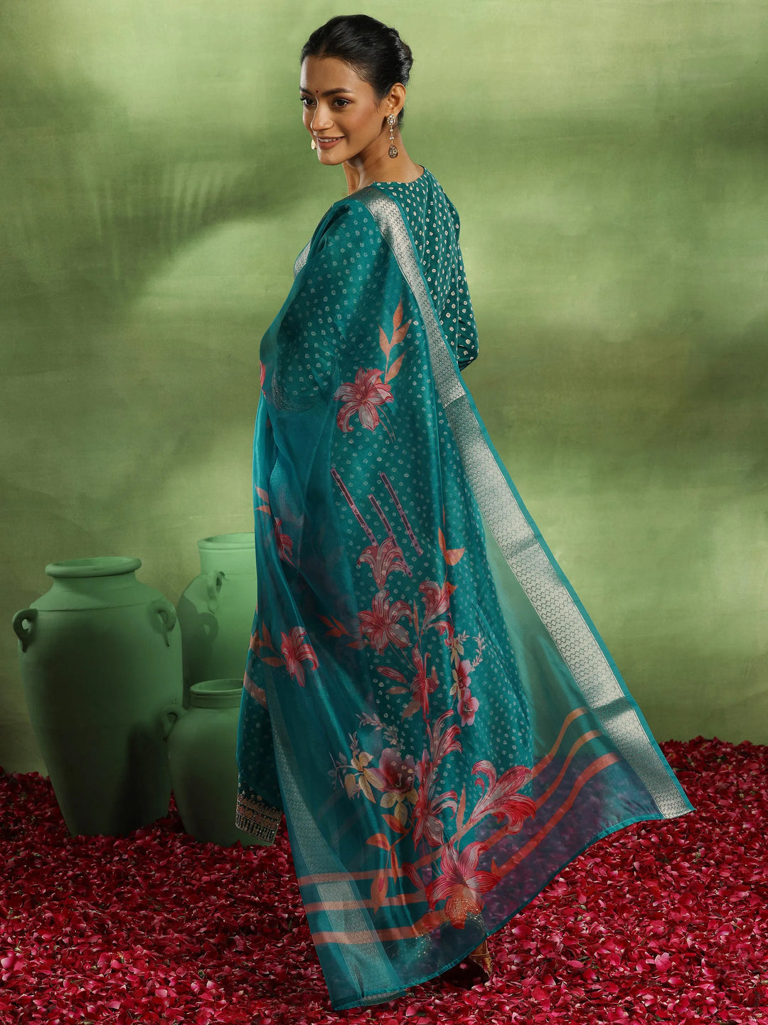  Green Printed Silk Blend Straight Suit With Dupatta 