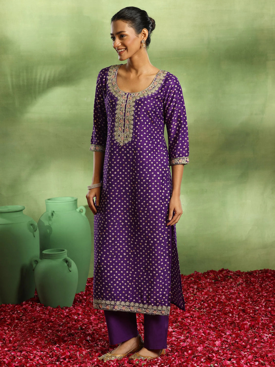  Purple Printed Silk Blend Straight Suit With Dupatta 