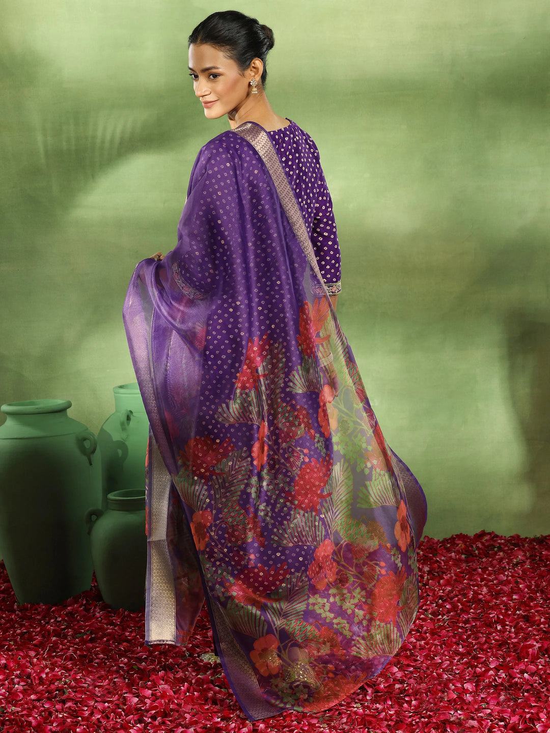  Purple Printed Silk Blend Straight Suit With Dupatta 