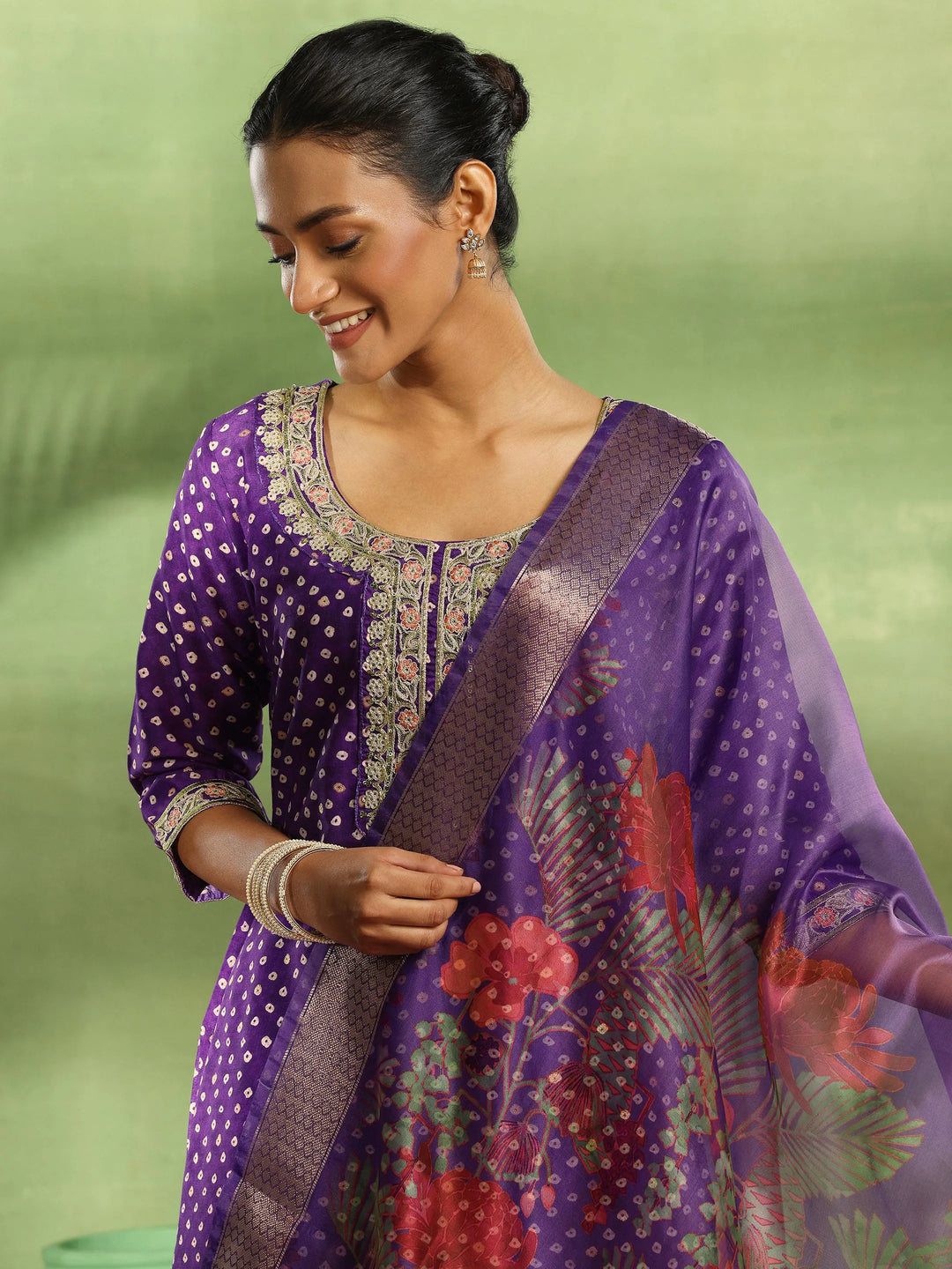  Purple Printed Silk Blend Straight Suit With Dupatta 