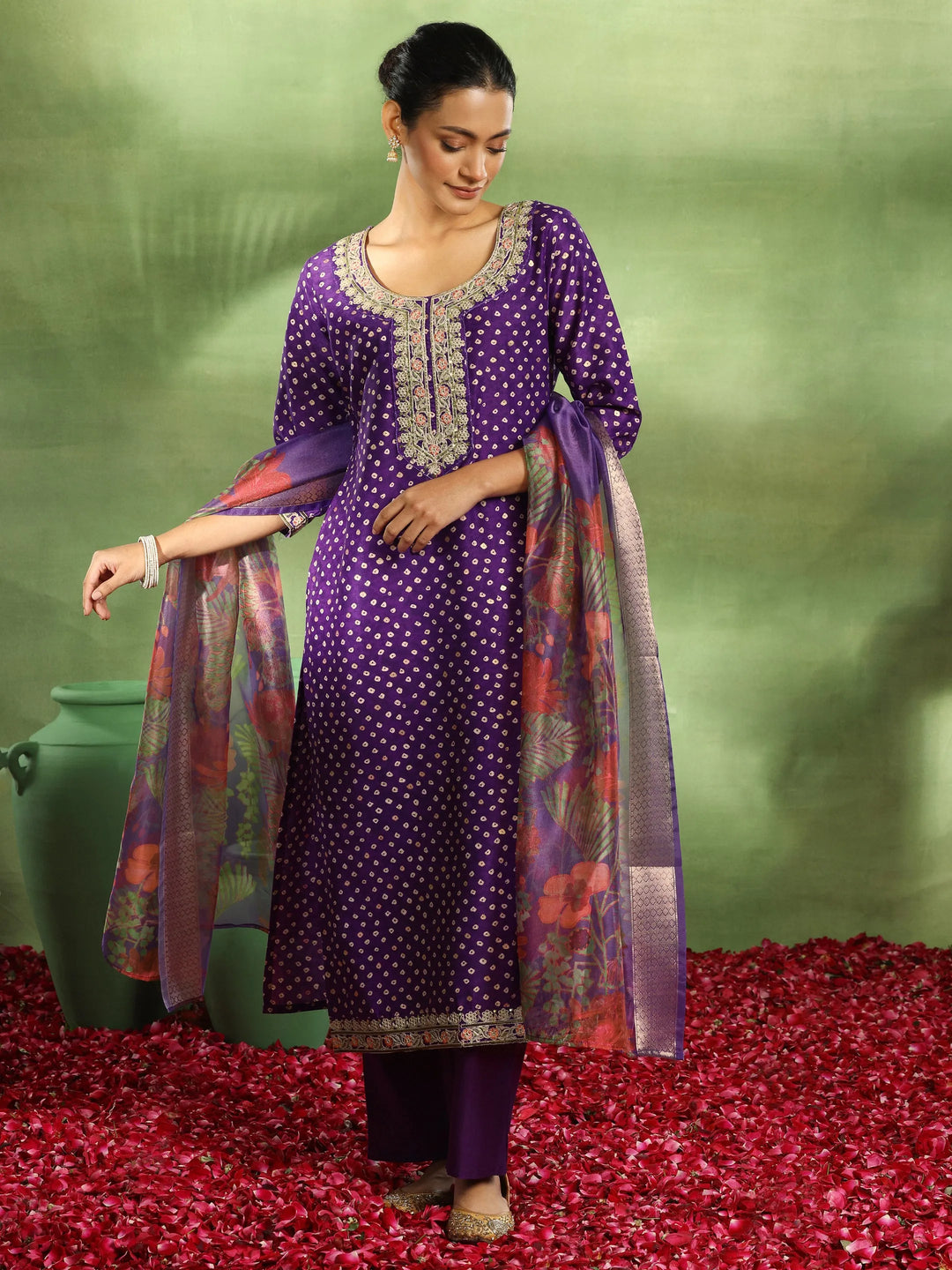  Purple Printed Silk Blend Straight Suit With Dupatta 