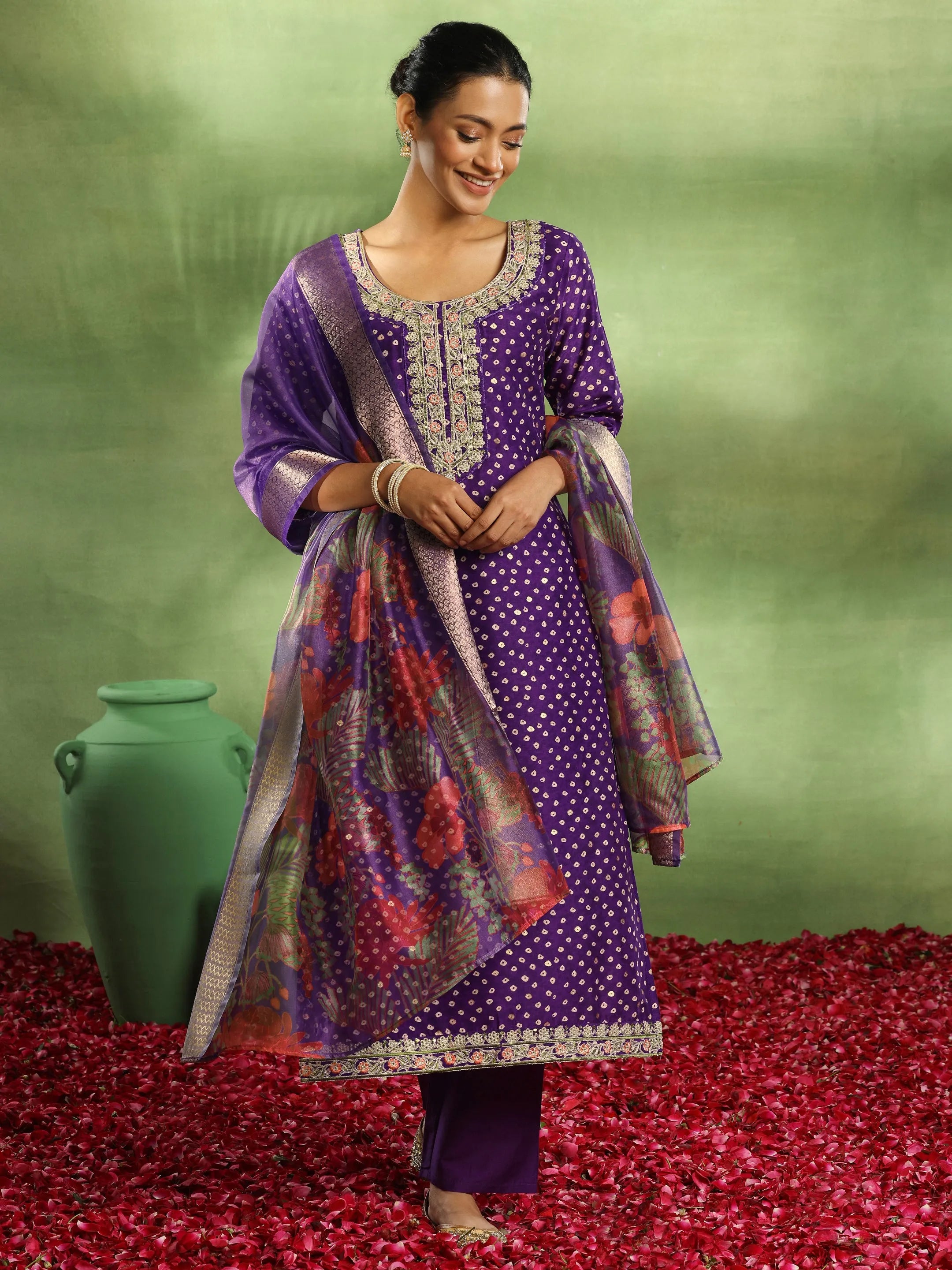 Purple Printed Silk Blend Straight Suit With Dupatta-image-25