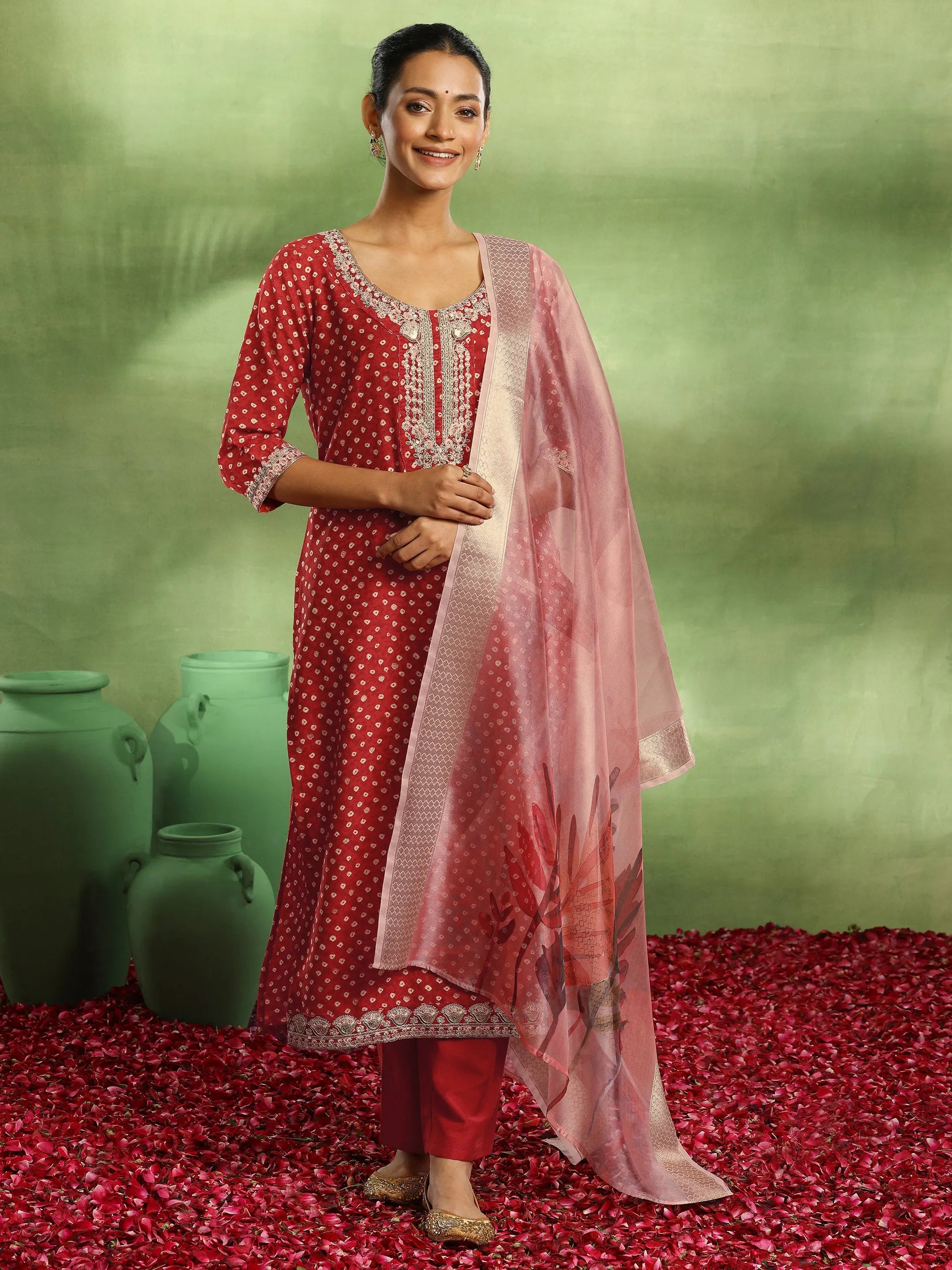 Red Printed Silk Blend Straight Suit With Dupatta-image-42
