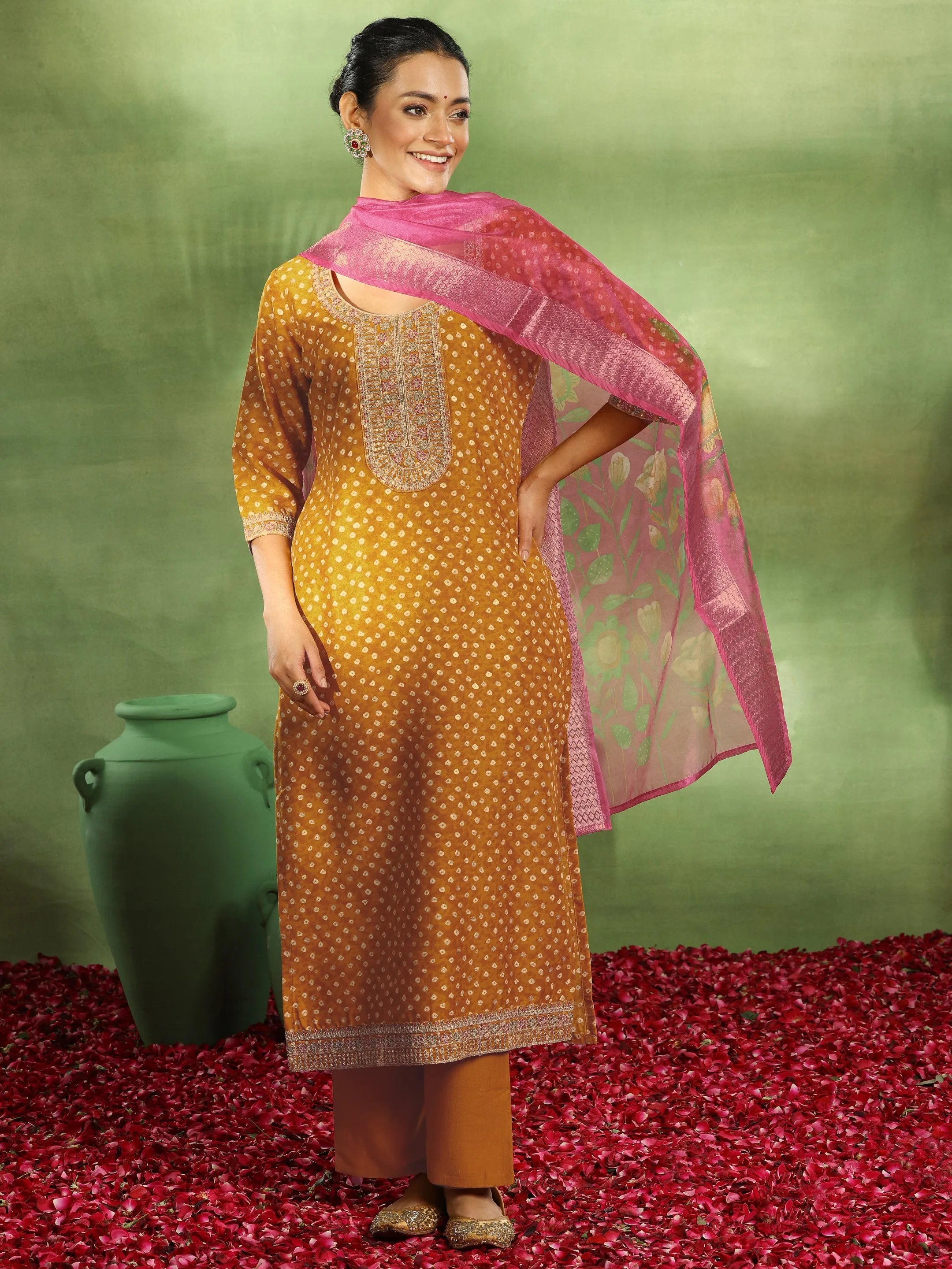 Mustard Printed Silk Blend Straight Suit With Dupatta-image-32