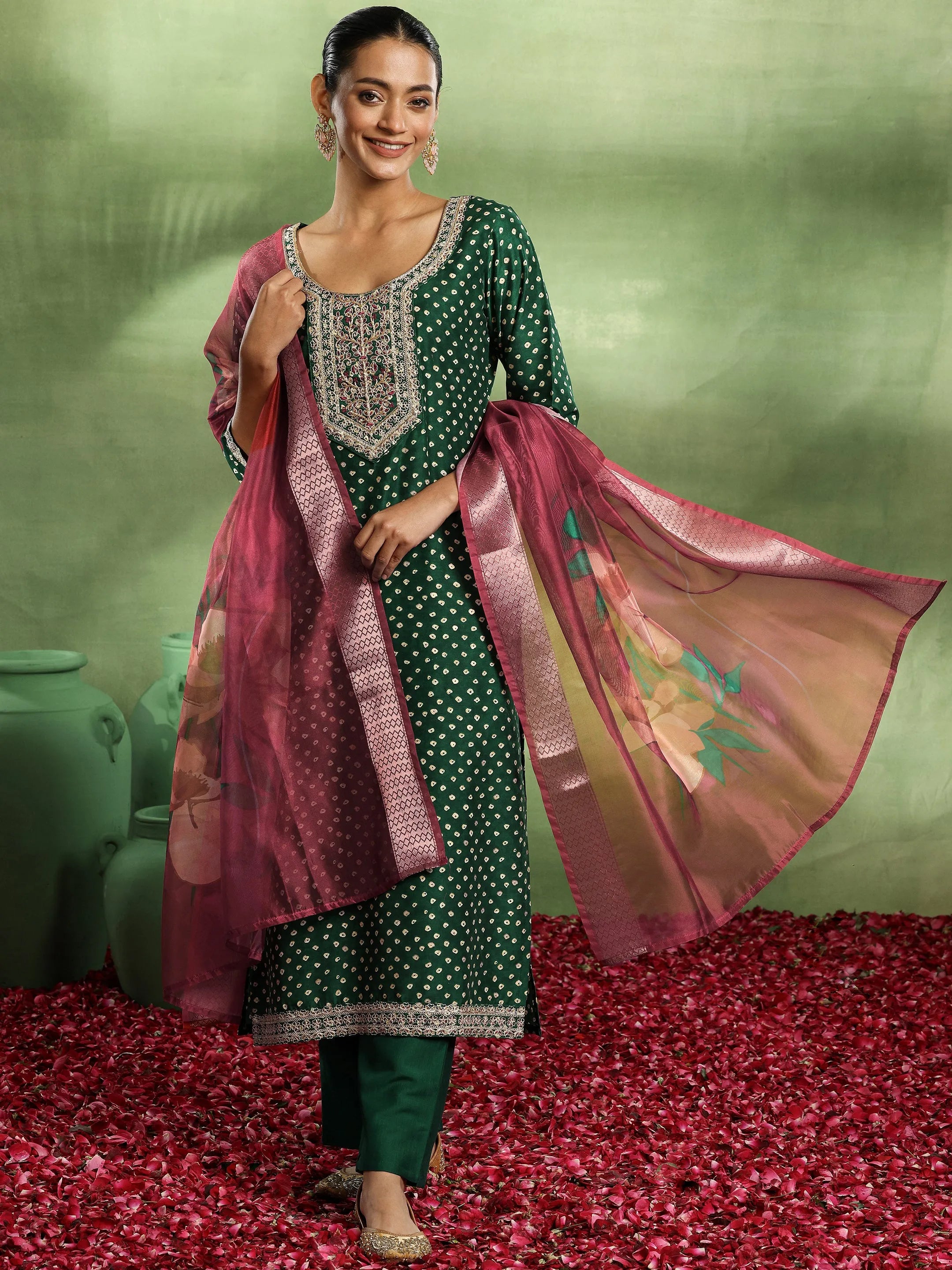 libas Green Printed Silk Blend Straight Suit With Dupatta-picture-45