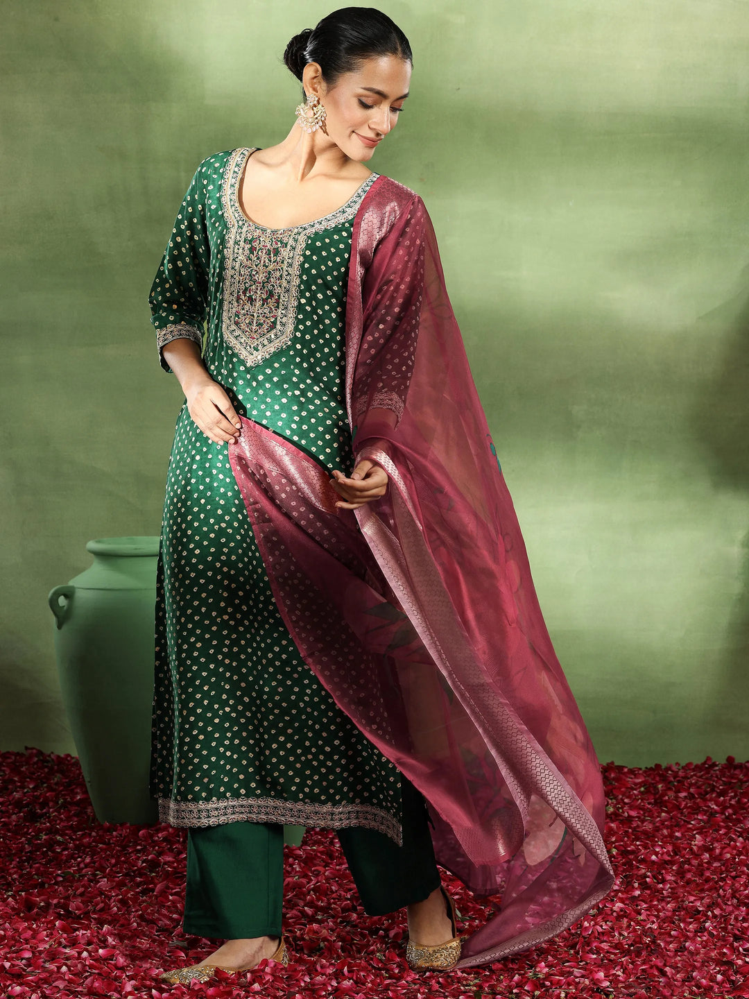 Green Printed Silk Blend Straight Suit With Dupatta 