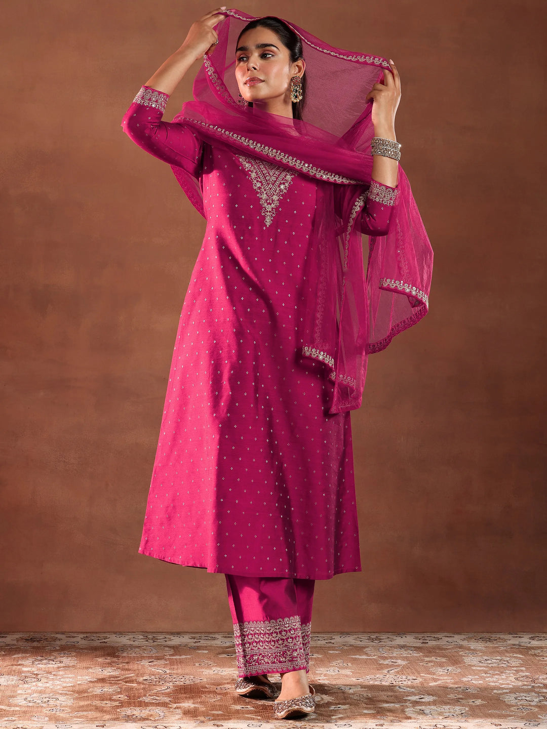  Magenta Woven Design Chanderi Silk A-Line Kurta With Trousers & Dupatta 