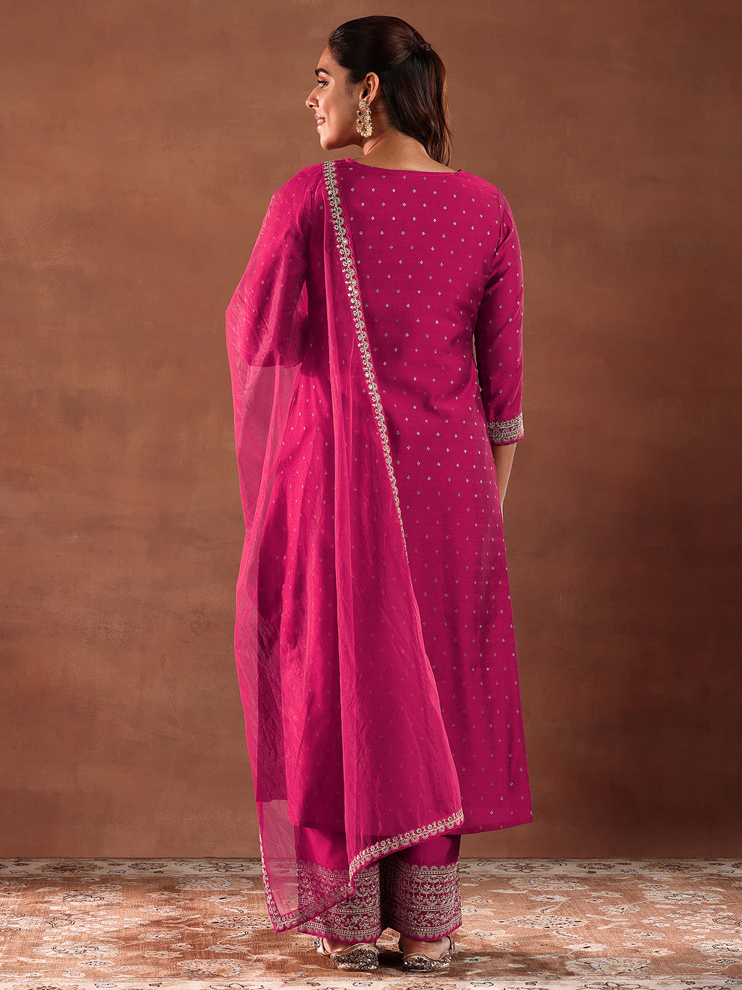  Magenta Woven Design Chanderi Silk A-Line Kurta With Trousers & Dupatta 