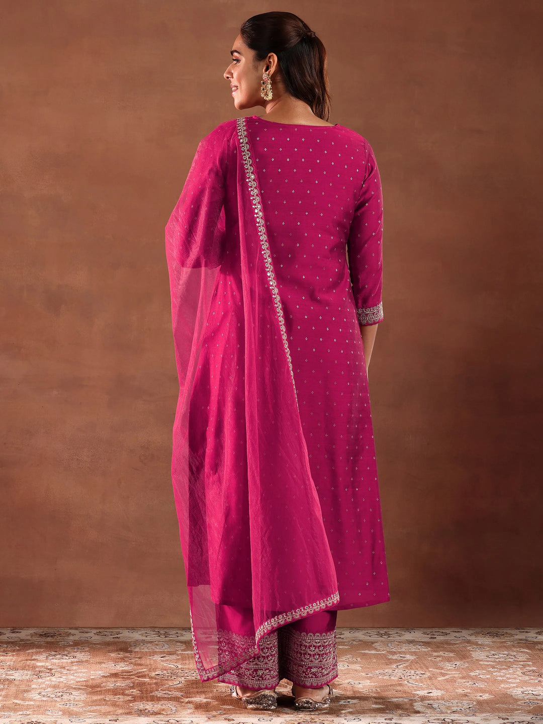  Magenta Woven Design Chanderi Silk A-Line Kurta With Trousers & Dupatta 