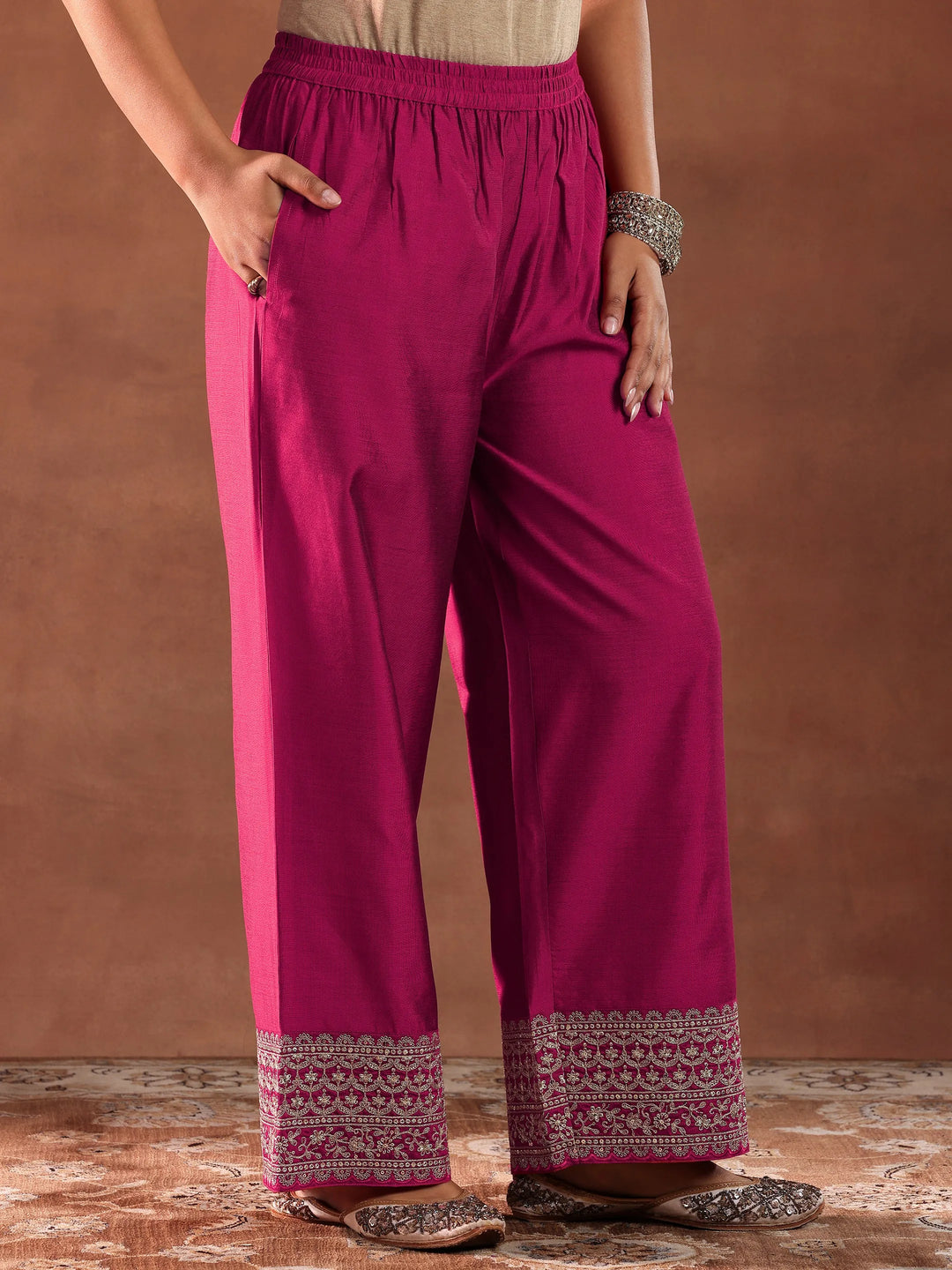  Magenta Woven Design Chanderi Silk A-Line Kurta With Trousers & Dupatta 