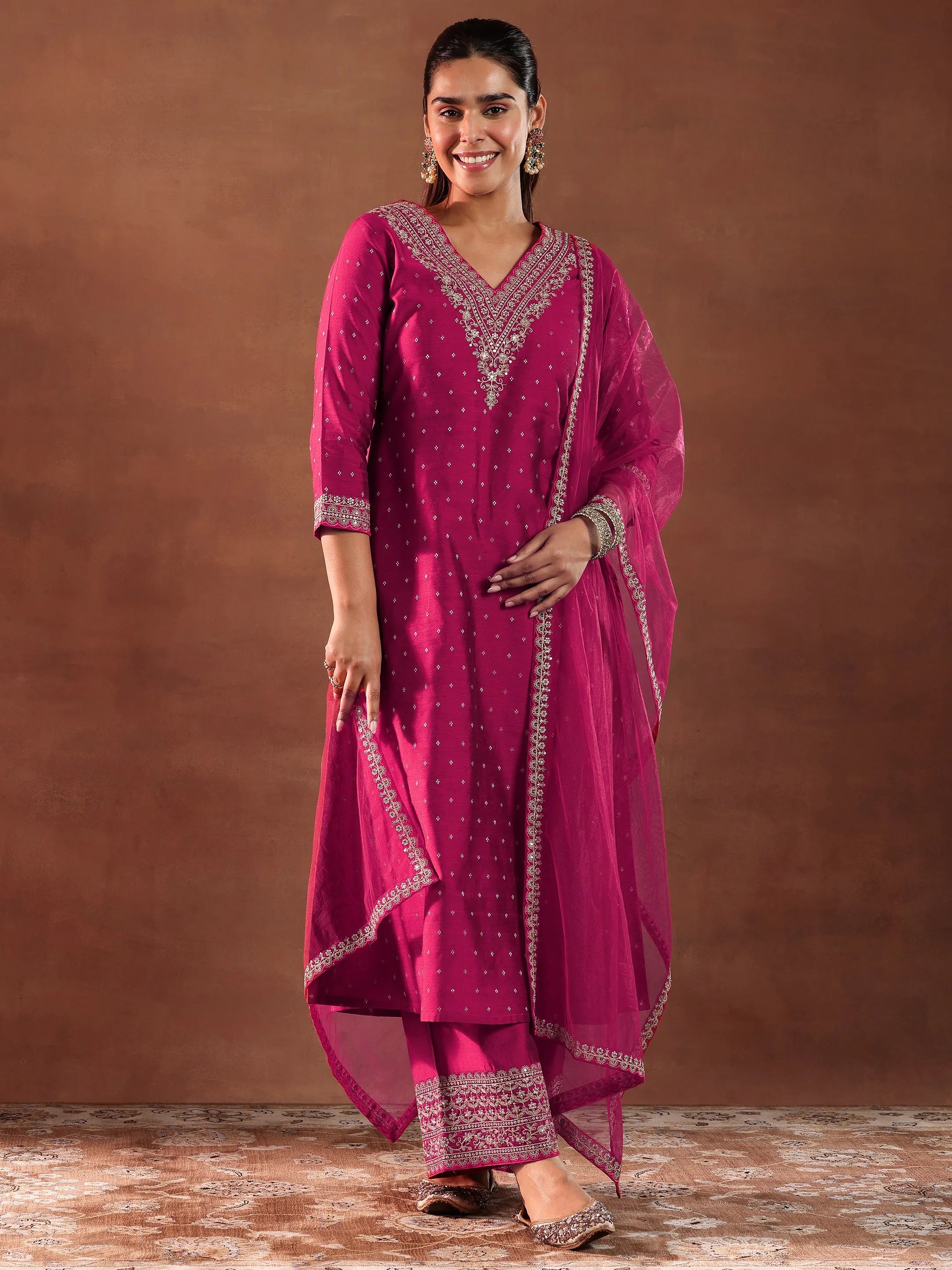 libas Magenta Woven Design Chanderi Silk A-Line Kurta With Trousers & Dupatta-picture-17