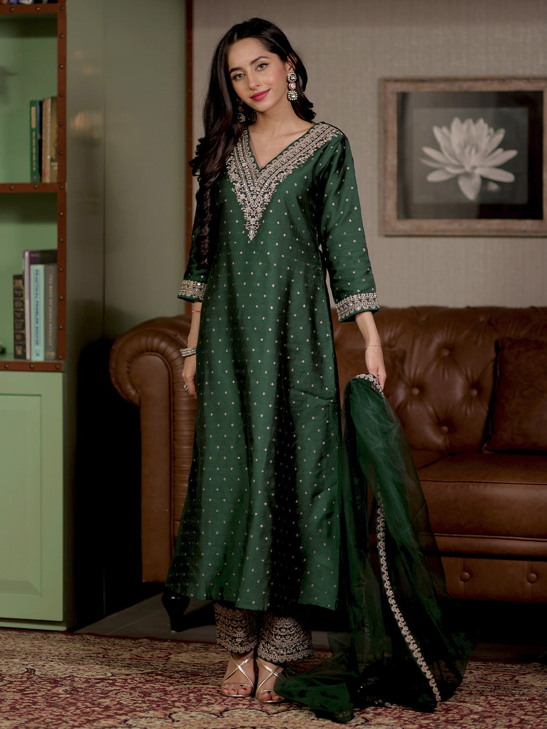  Green Woven Design Chanderi Silk A-Line Kurta With Trousers & Dupatta 