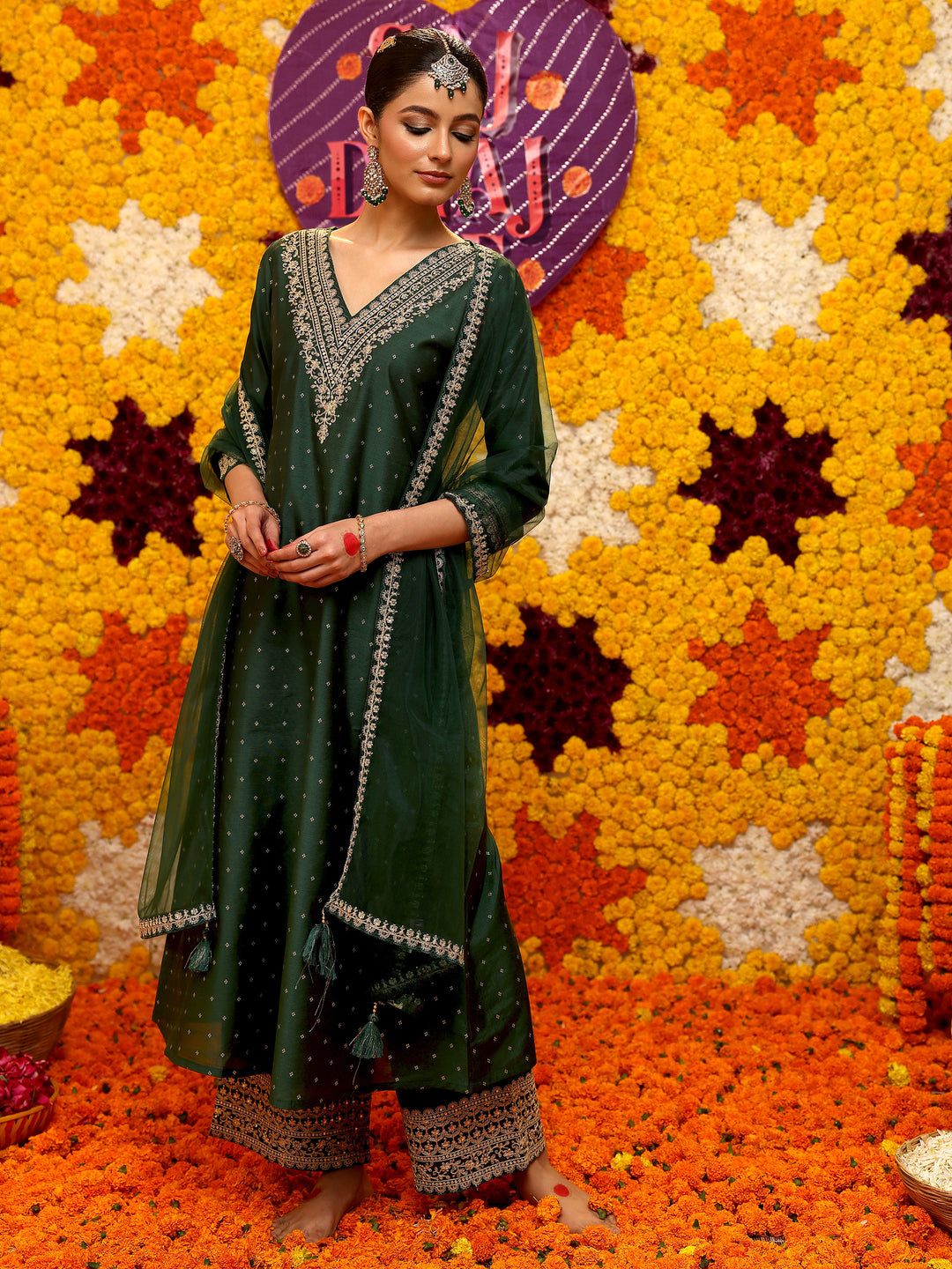  Green Woven Design Chanderi Silk A-Line Kurta With Trousers & Dupatta 