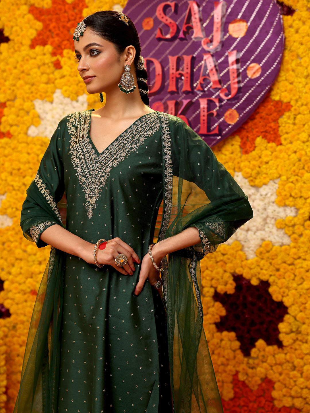 Green Woven Design Chanderi Silk A-Line Kurta With Trousers & Dupatta