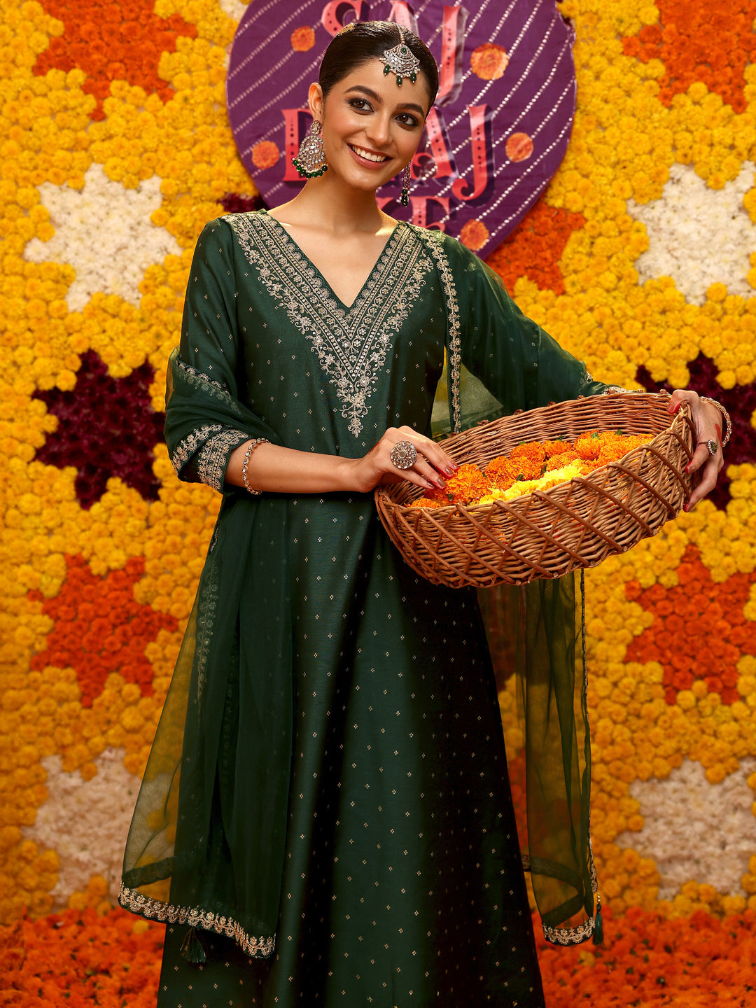  Green Woven Design Chanderi Silk A-Line Kurta With Trousers & Dupatta 