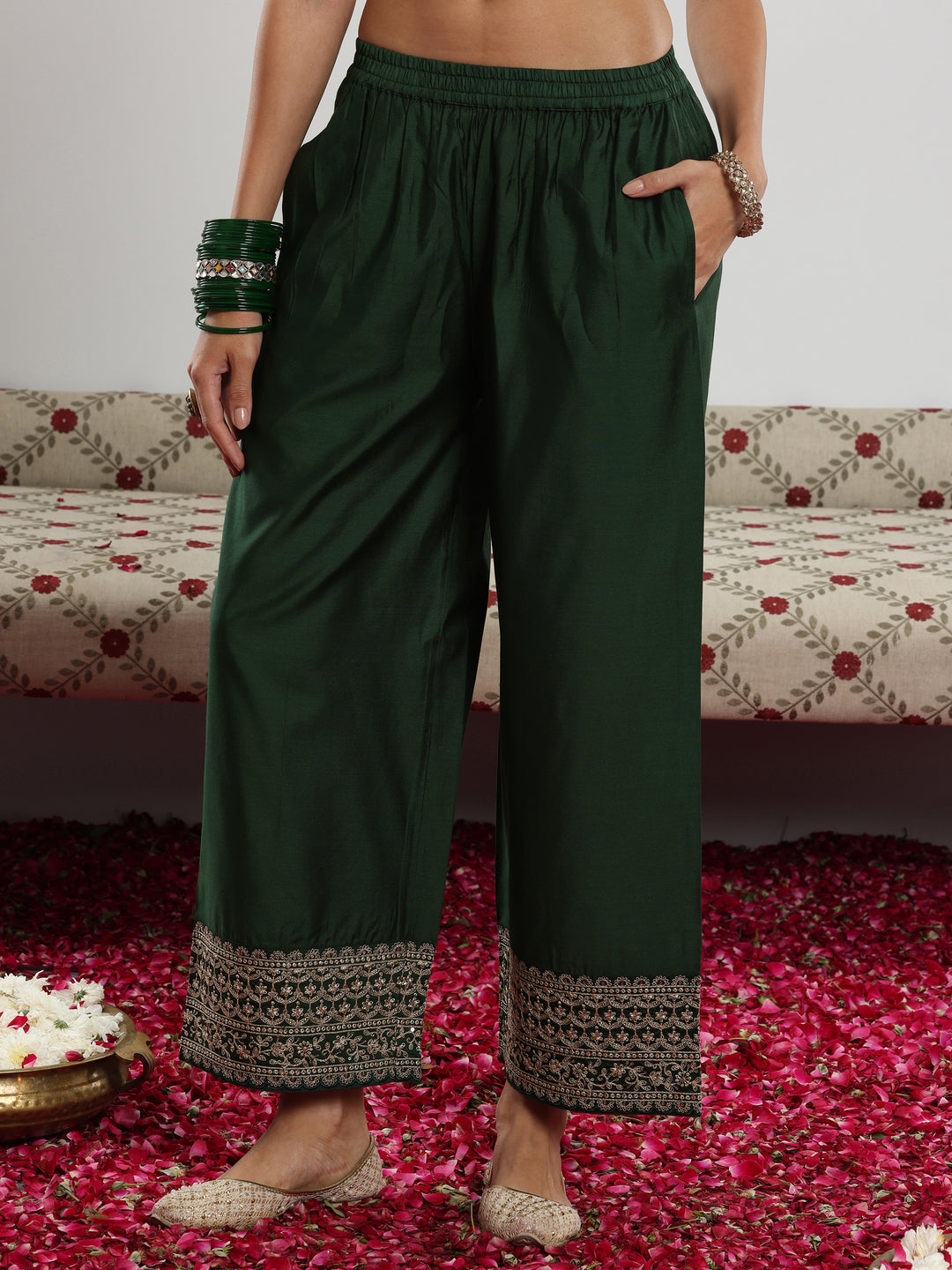  Green Woven Design Chanderi Silk A-Line Kurta With Trousers & Dupatta 