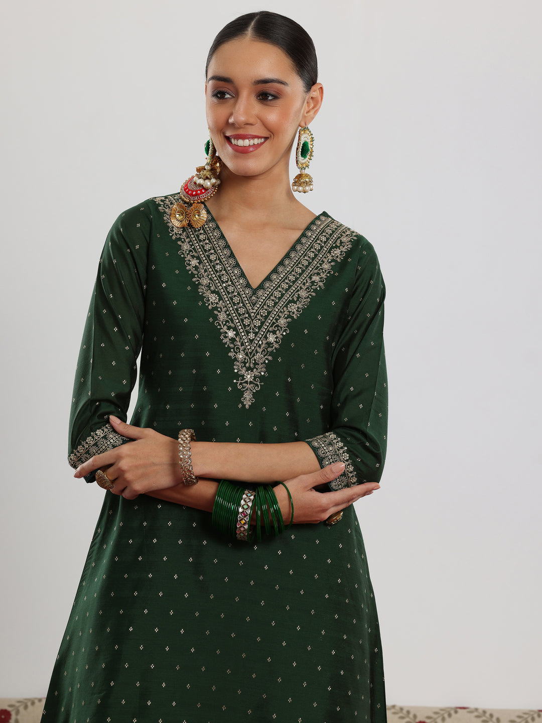  Green Woven Design Chanderi Silk A-Line Kurta With Trousers & Dupatta 