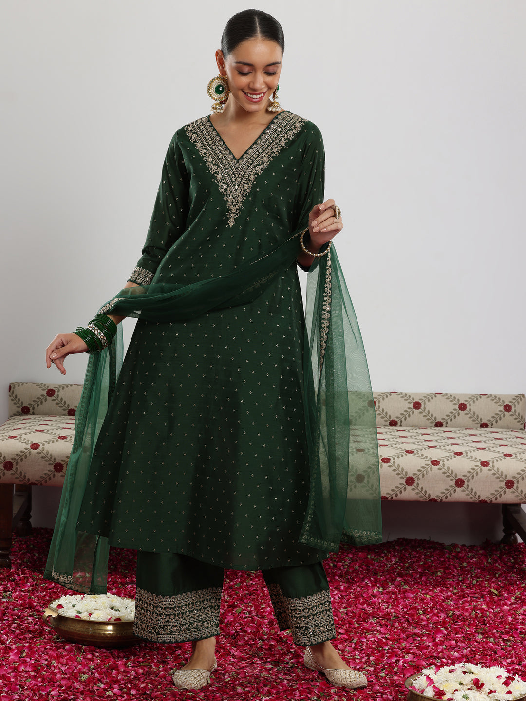  Green Woven Design Chanderi Silk A-Line Kurta With Trousers & Dupatta 