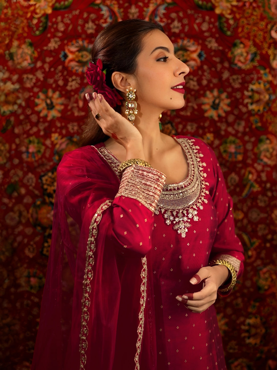 libas Maroon Woven Design Chanderi Silk A-Line Kurta With Palazzos & Dupatta-picture-31