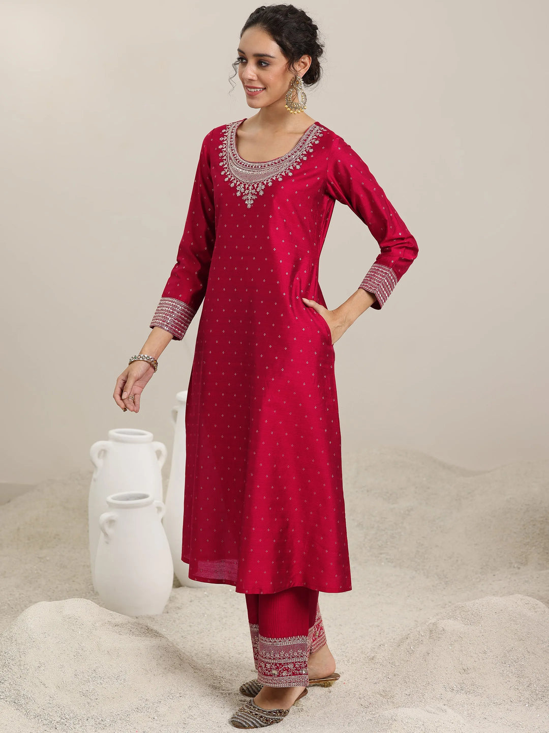  Maroon Woven Design Chanderi Silk A-Line Kurta With Palazzos & Dupatta 