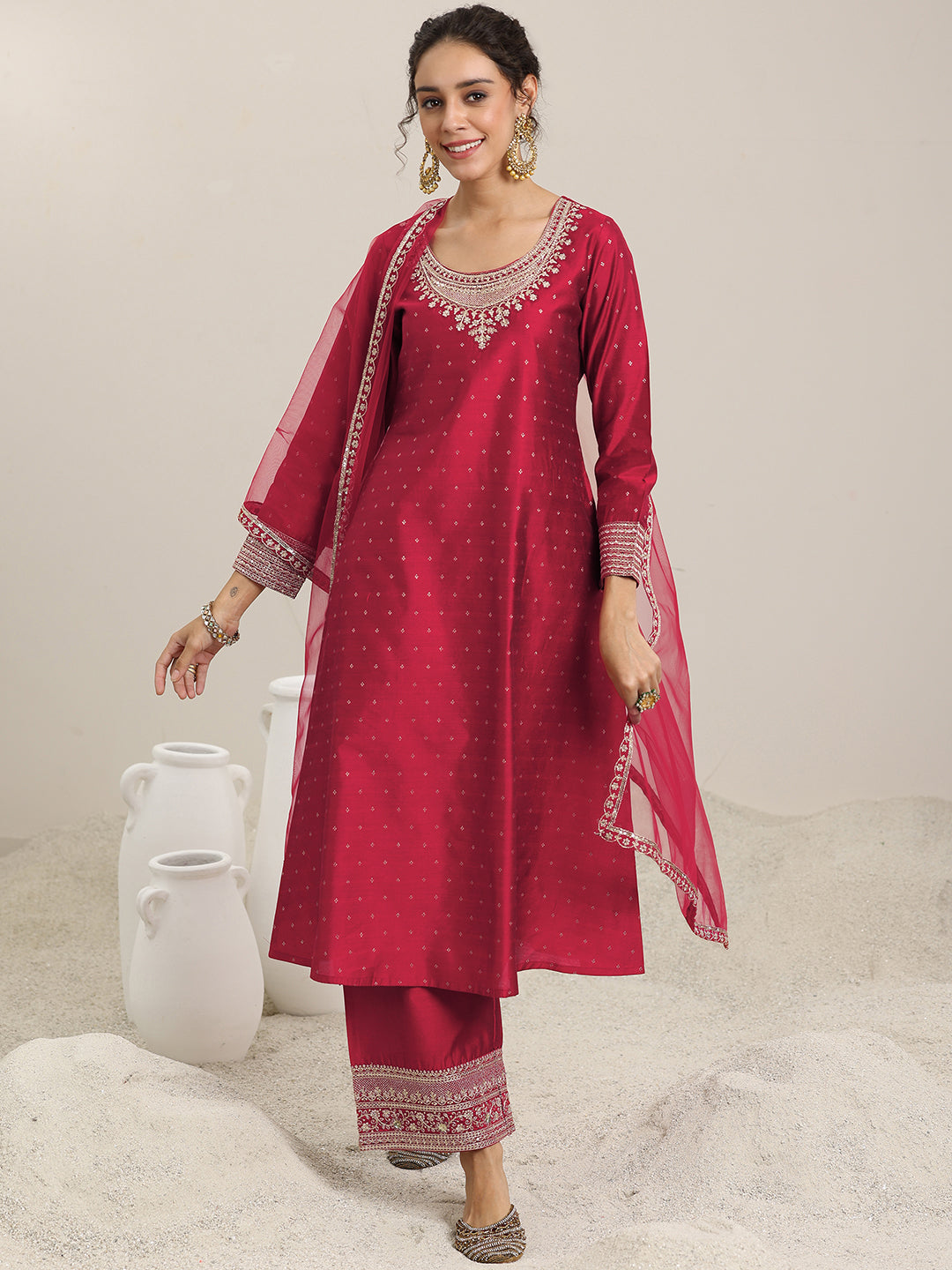  Maroon Woven Design Chanderi Silk A-Line Kurta With Palazzos & Dupatta 