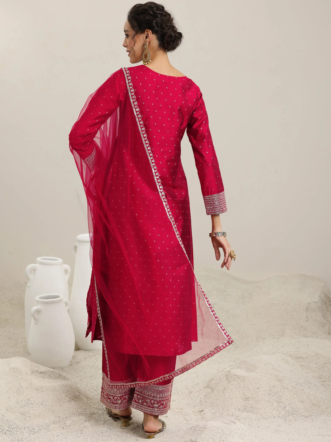  Maroon Woven Design Chanderi Silk A-Line Kurta With Palazzos & Dupatta 