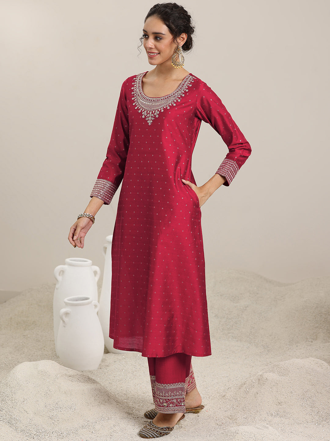  Maroon Woven Design Chanderi Silk A-Line Kurta With Palazzos & Dupatta 