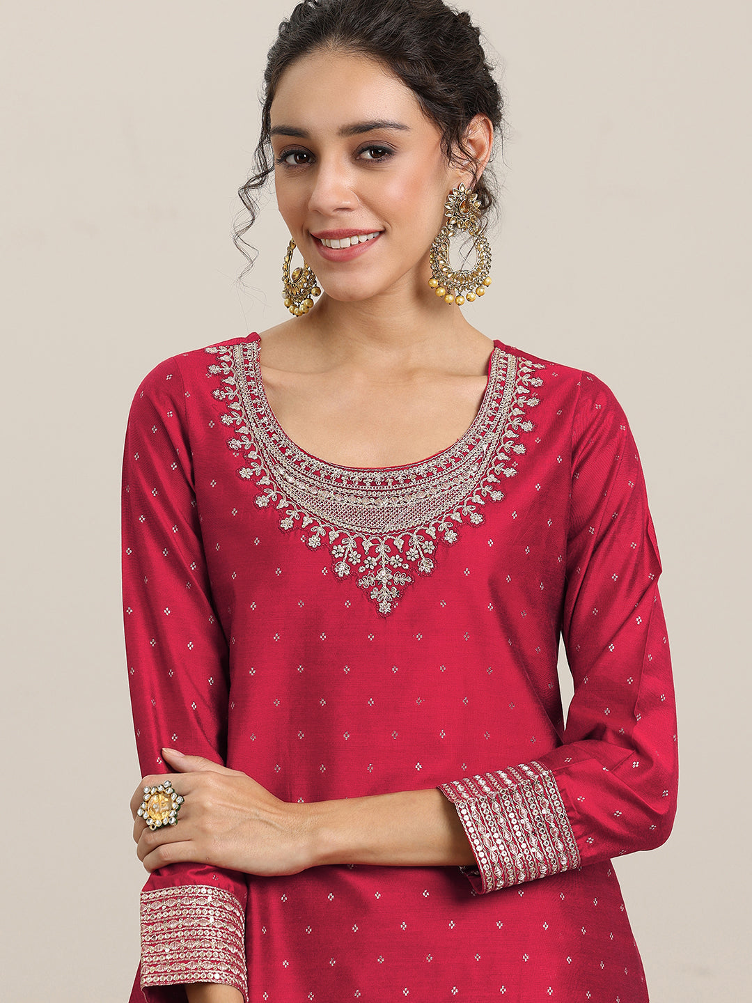  Maroon Woven Design Chanderi Silk A-Line Kurta With Palazzos & Dupatta 