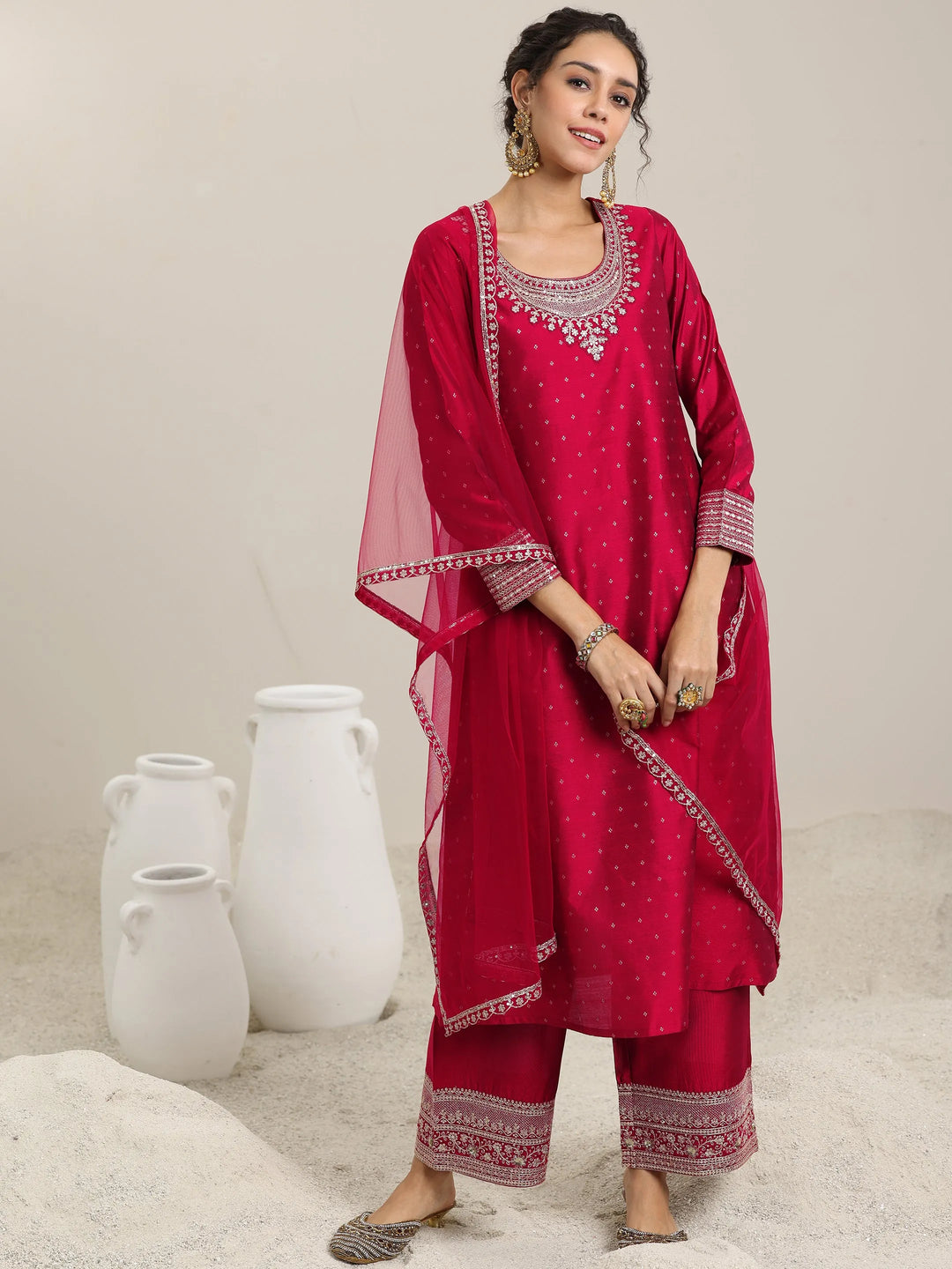  Maroon Woven Design Chanderi Silk A-Line Kurta With Palazzos & Dupatta 