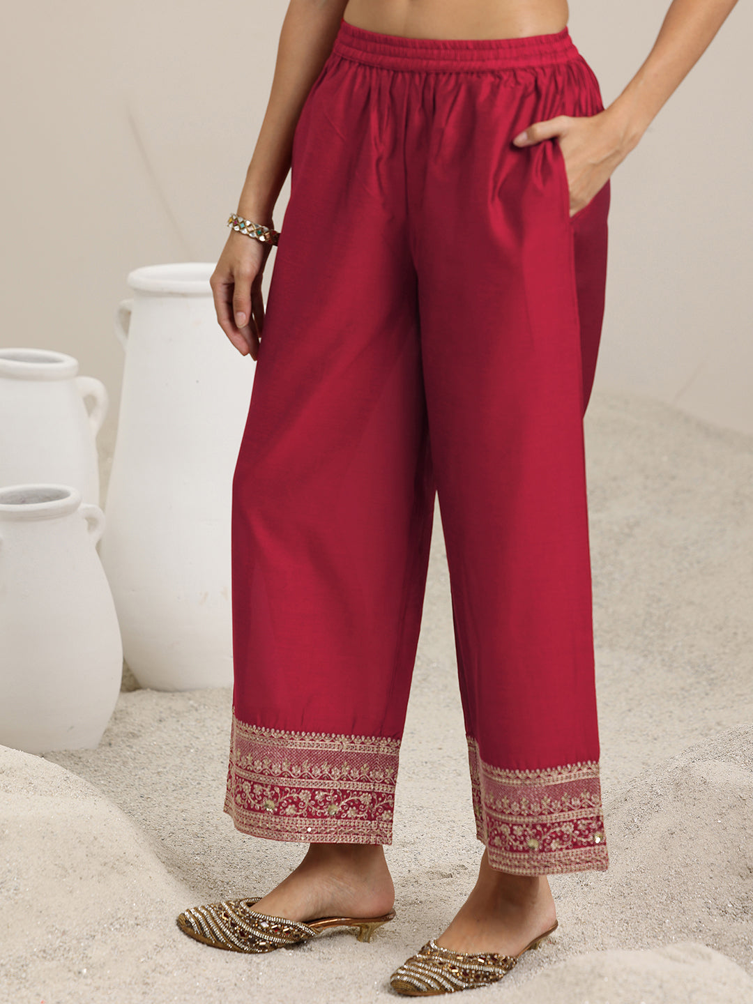  Maroon Woven Design Chanderi Silk A-Line Kurta With Palazzos & Dupatta 