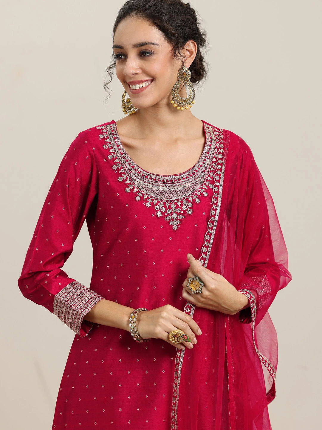  Maroon Woven Design Chanderi Silk A-Line Kurta With Palazzos & Dupatta 