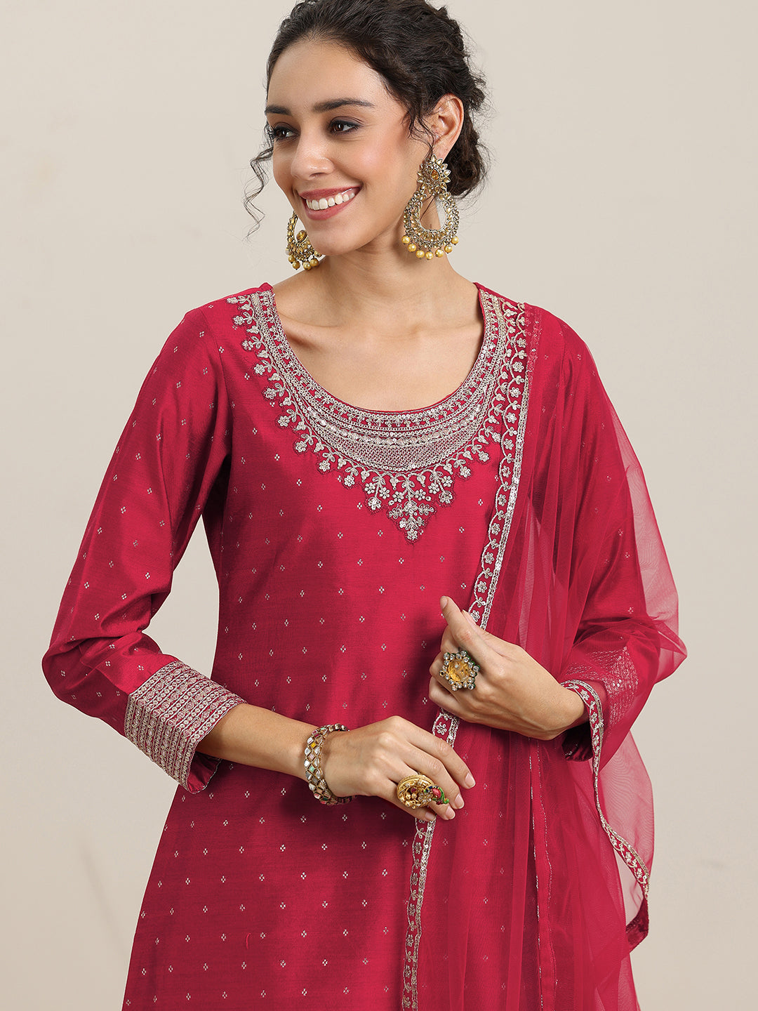  Maroon Woven Design Chanderi Silk A-Line Kurta With Palazzos & Dupatta 