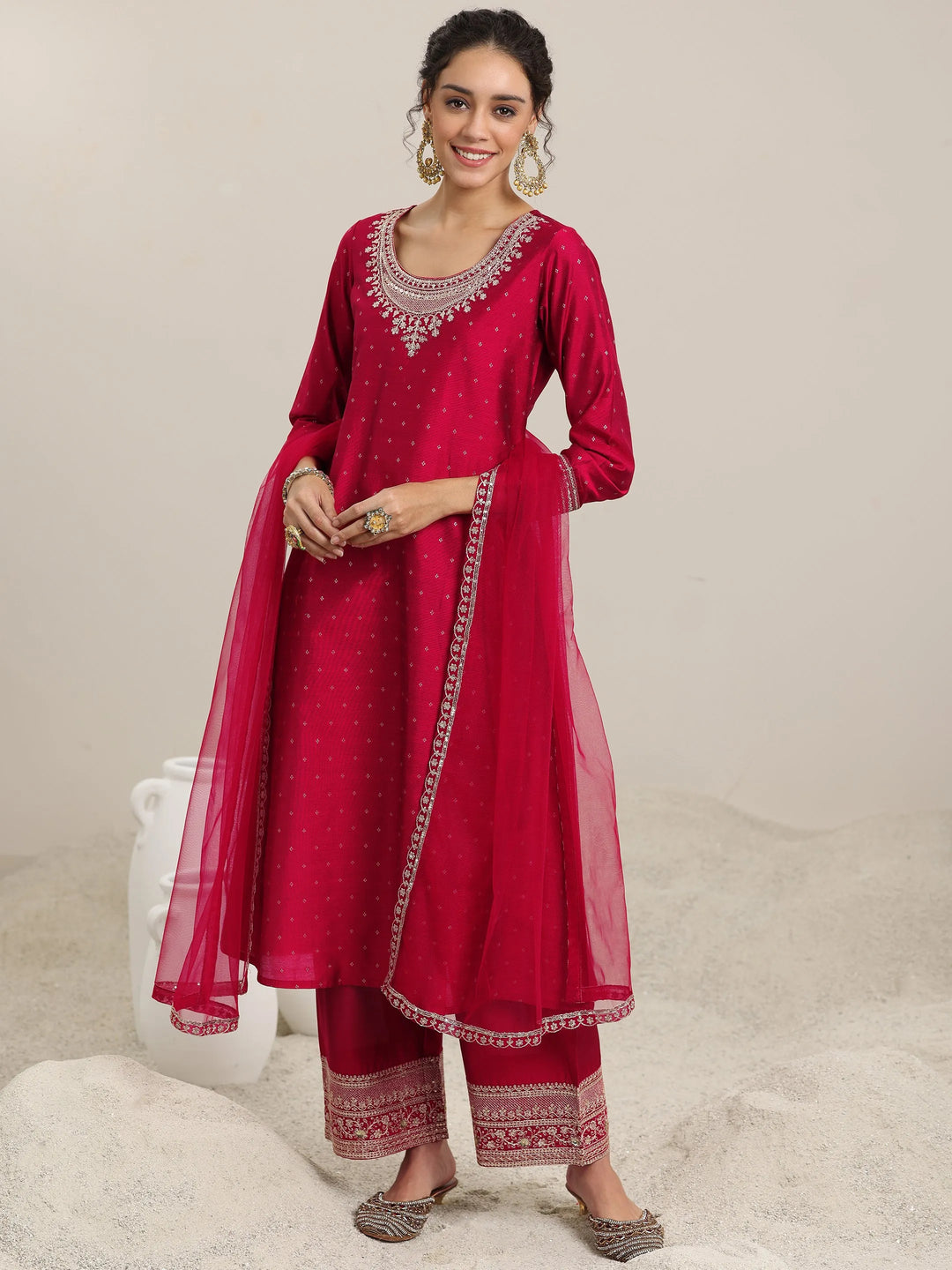  Maroon Woven Design Chanderi Silk A-Line Kurta With Palazzos & Dupatta 