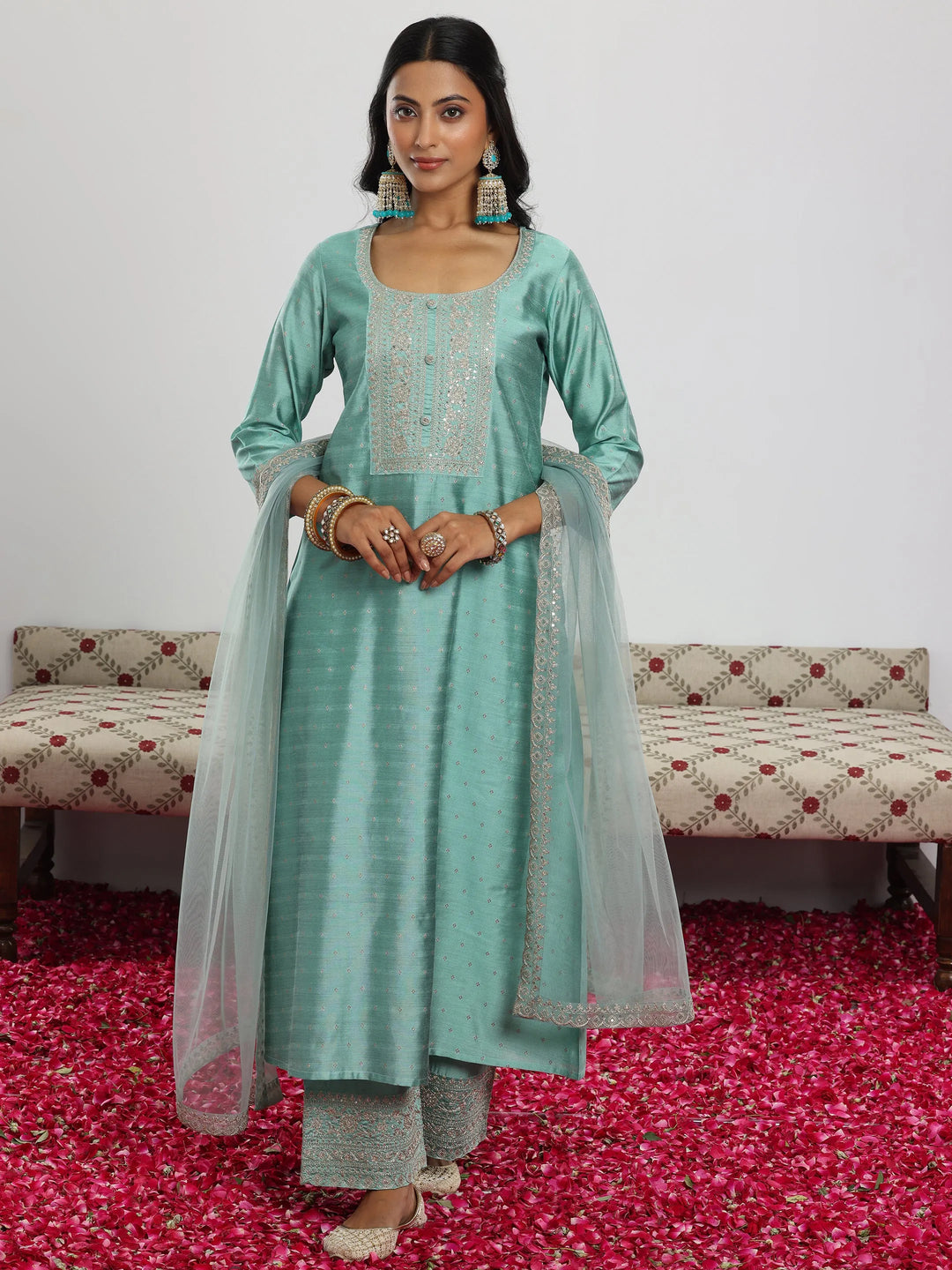  Sea Green Woven Design Chanderi Silk A-Line Kurta With Palazzos & Dupatta 