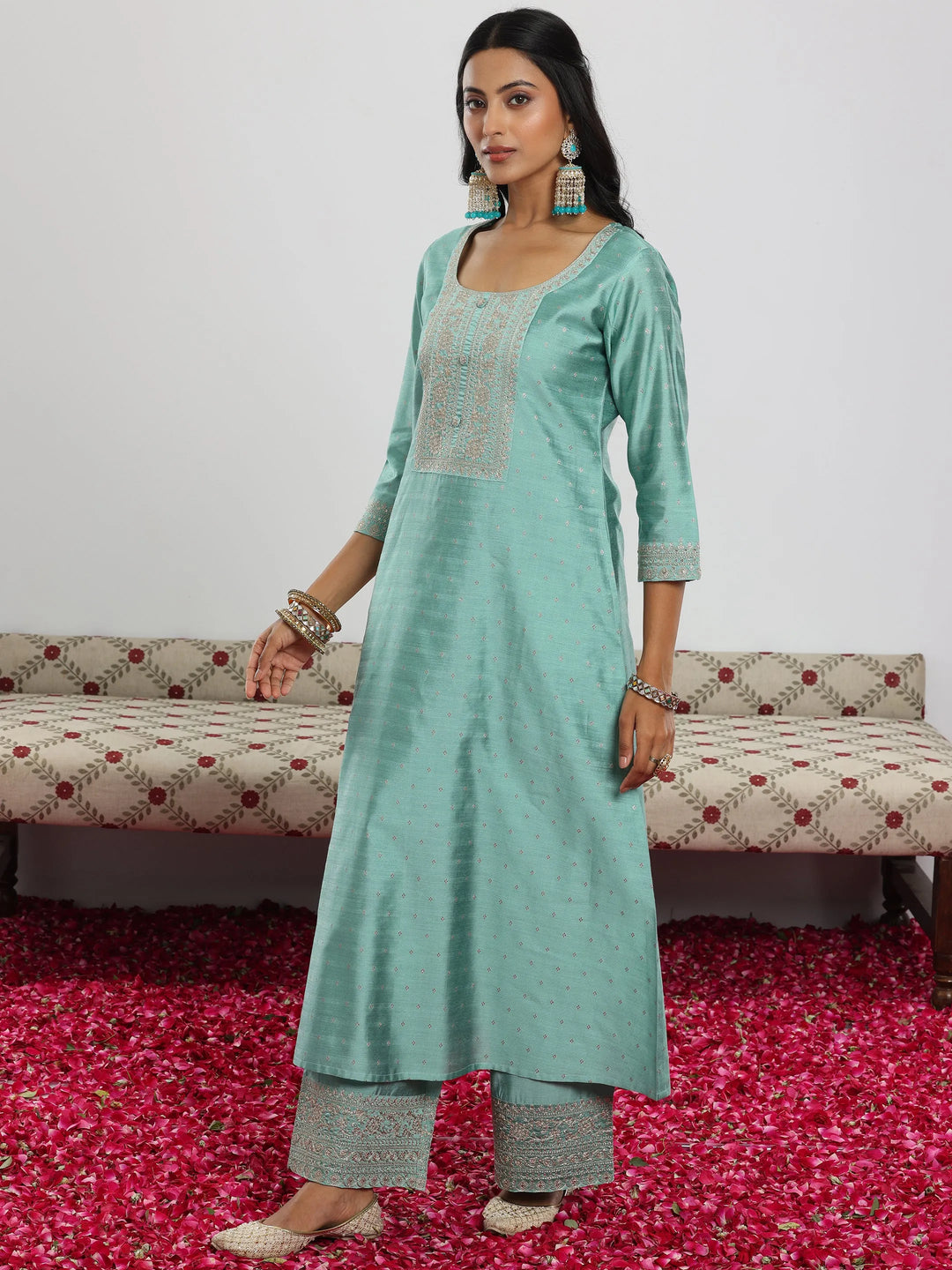  Sea Green Woven Design Chanderi Silk A-Line Kurta With Palazzos & Dupatta 