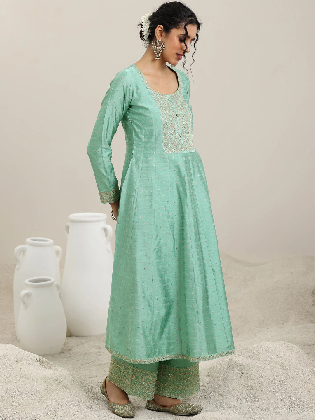  Sea Green Embroidered Chanderi Silk Anarkali Suit With Dupatta 