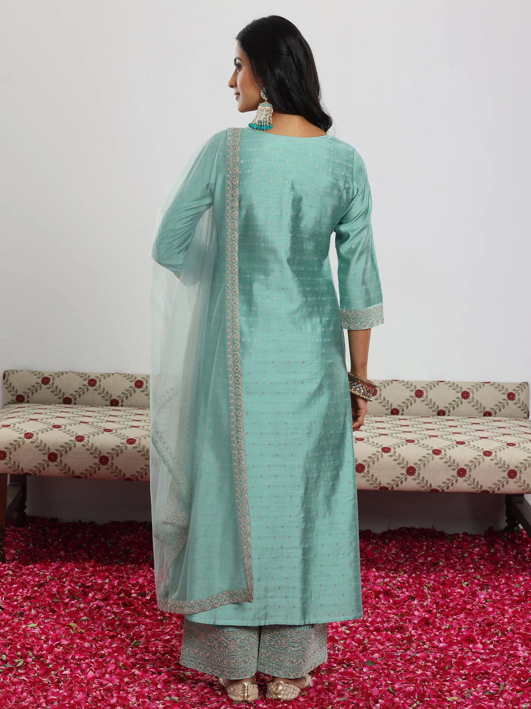  Sea Green Woven Design Chanderi Silk A-Line Kurta With Palazzos & Dupatta 