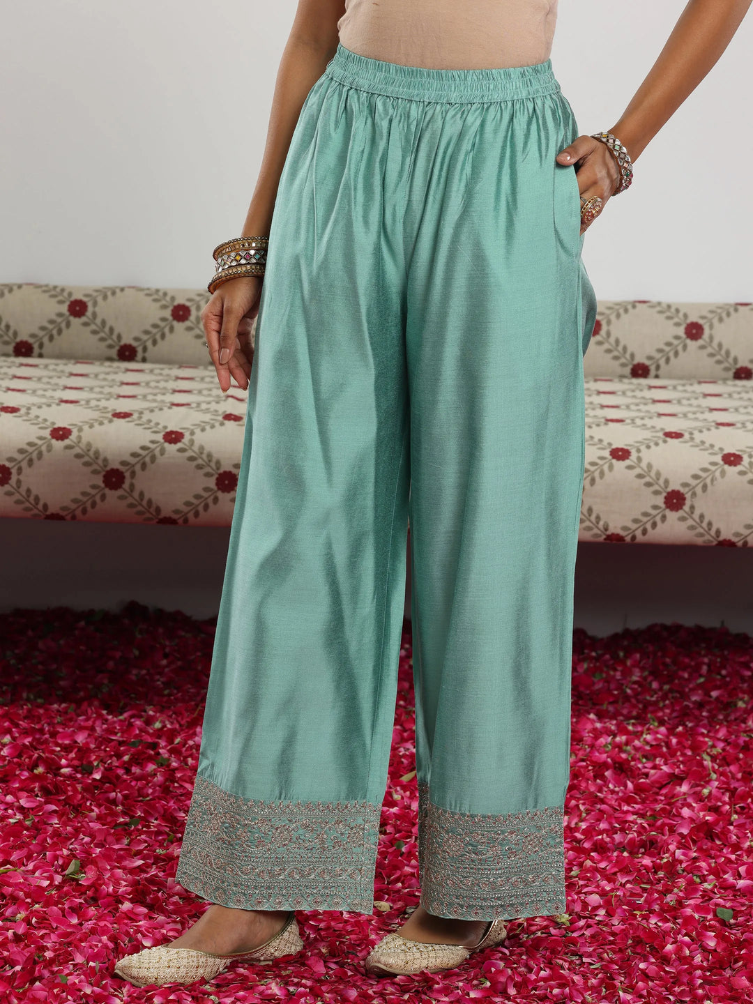  Sea Green Woven Design Chanderi Silk A-Line Kurta With Palazzos & Dupatta 