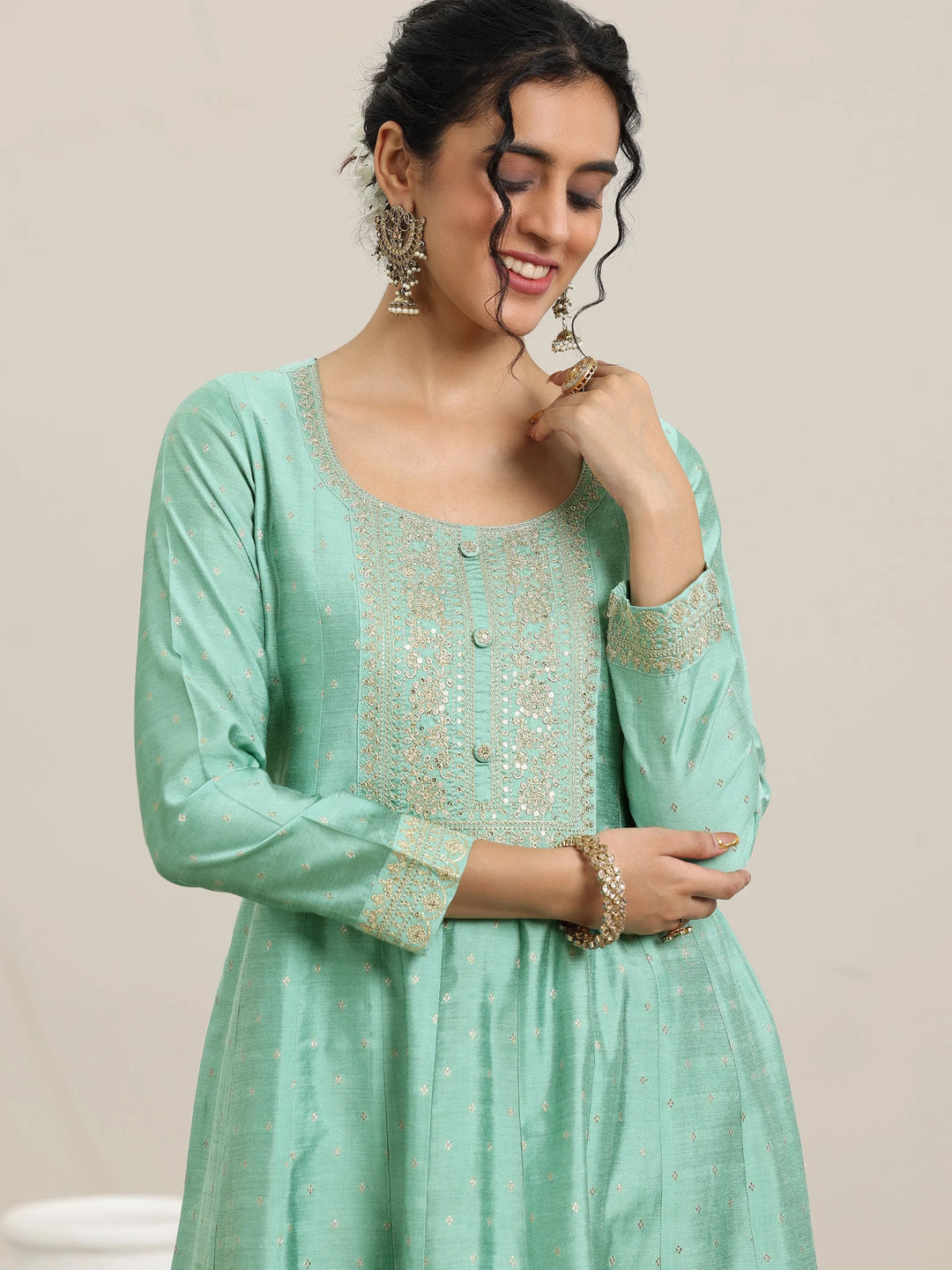  Sea Green Embroidered Chanderi Silk Anarkali Suit With Dupatta 