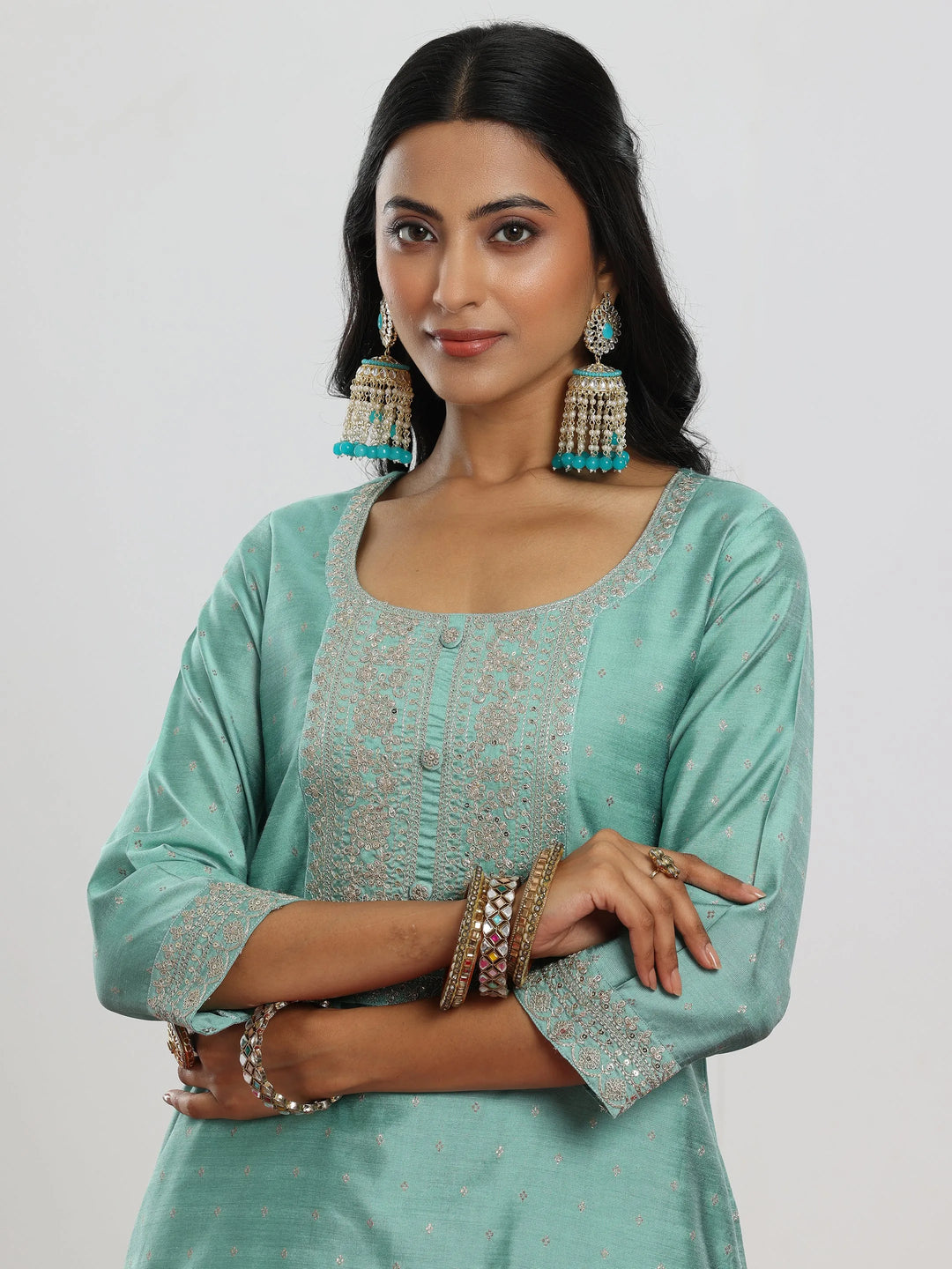  Sea Green Woven Design Chanderi Silk A-Line Kurta With Palazzos & Dupatta 