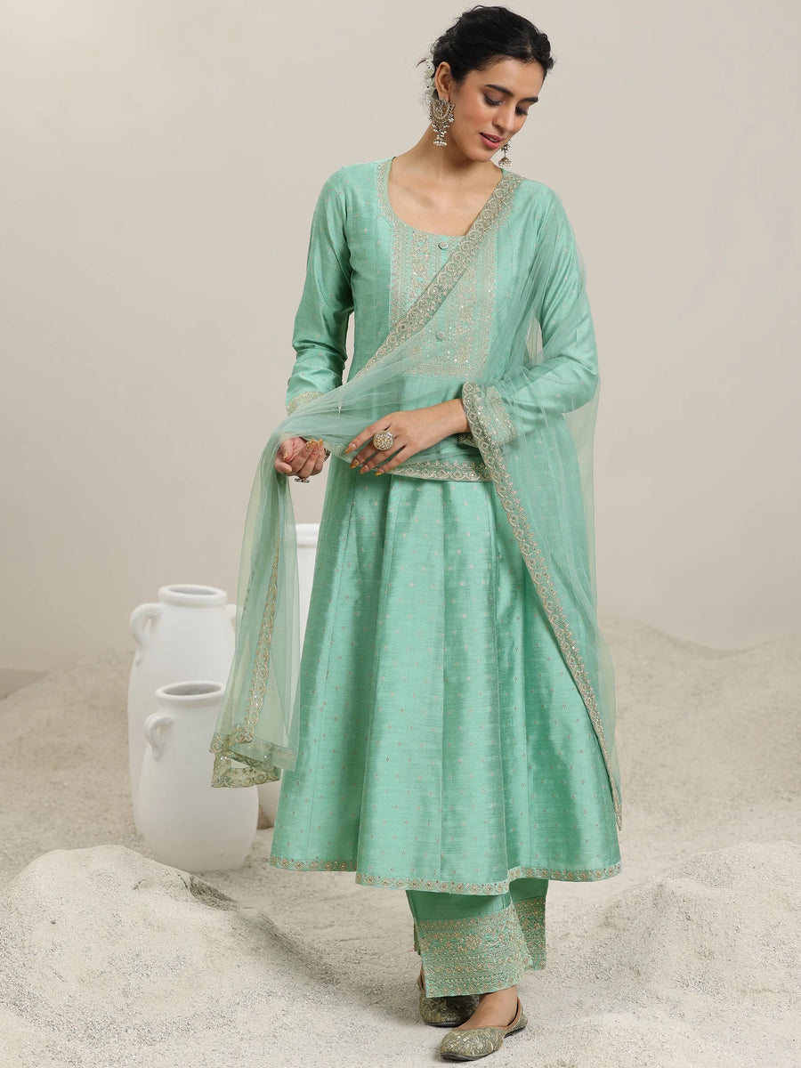 Green Solid Chanderi Silk Suit Set