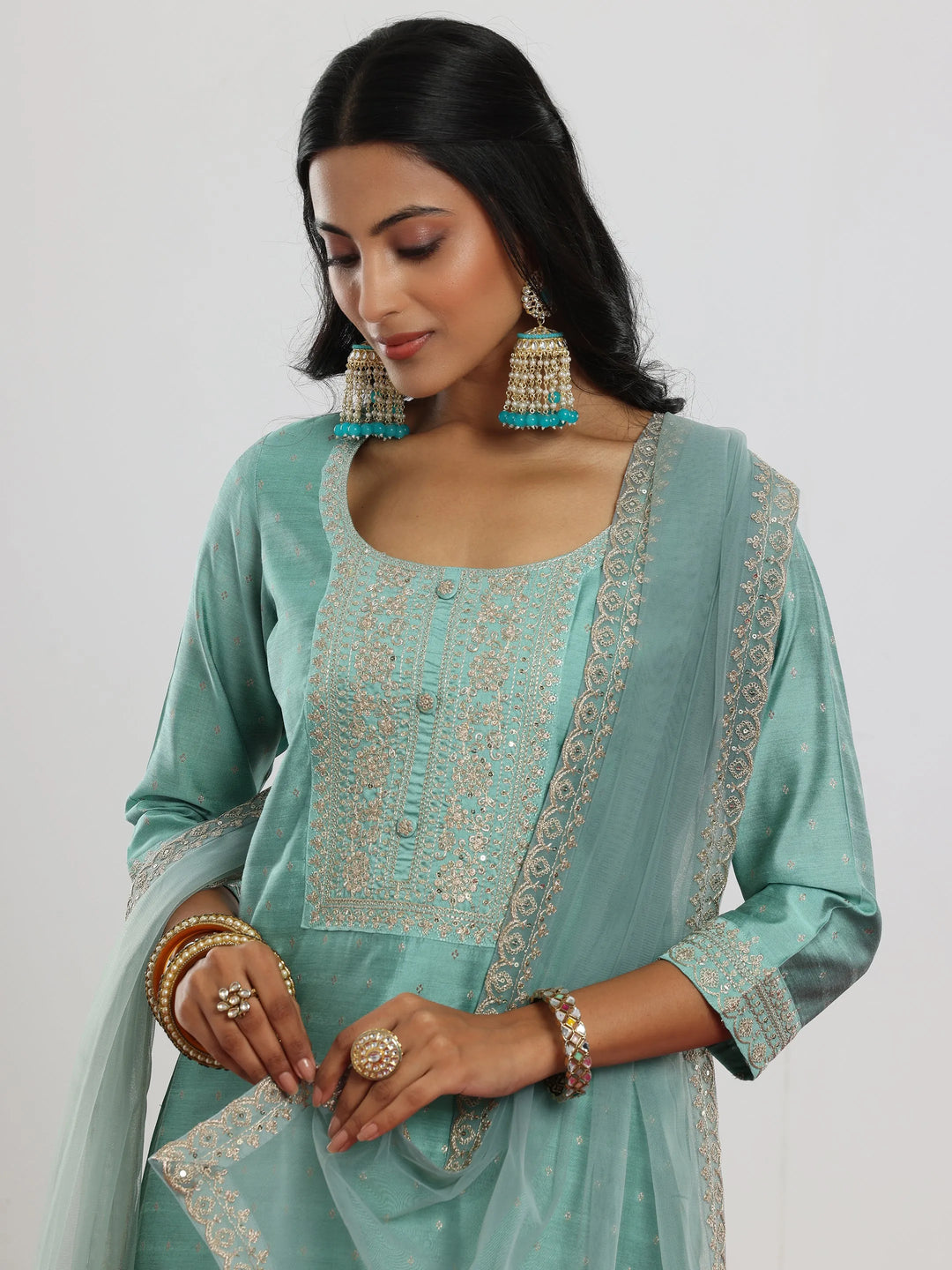  Sea Green Woven Design Chanderi Silk A-Line Kurta With Palazzos & Dupatta 